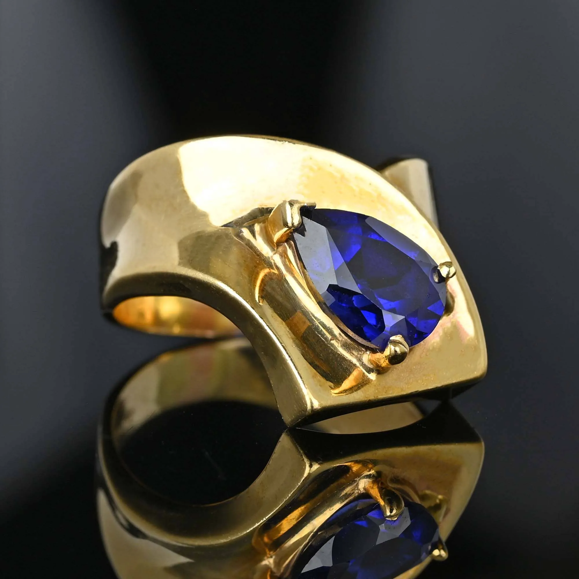 Modernist Wide Gold Cross Over Band Sapphire Ring