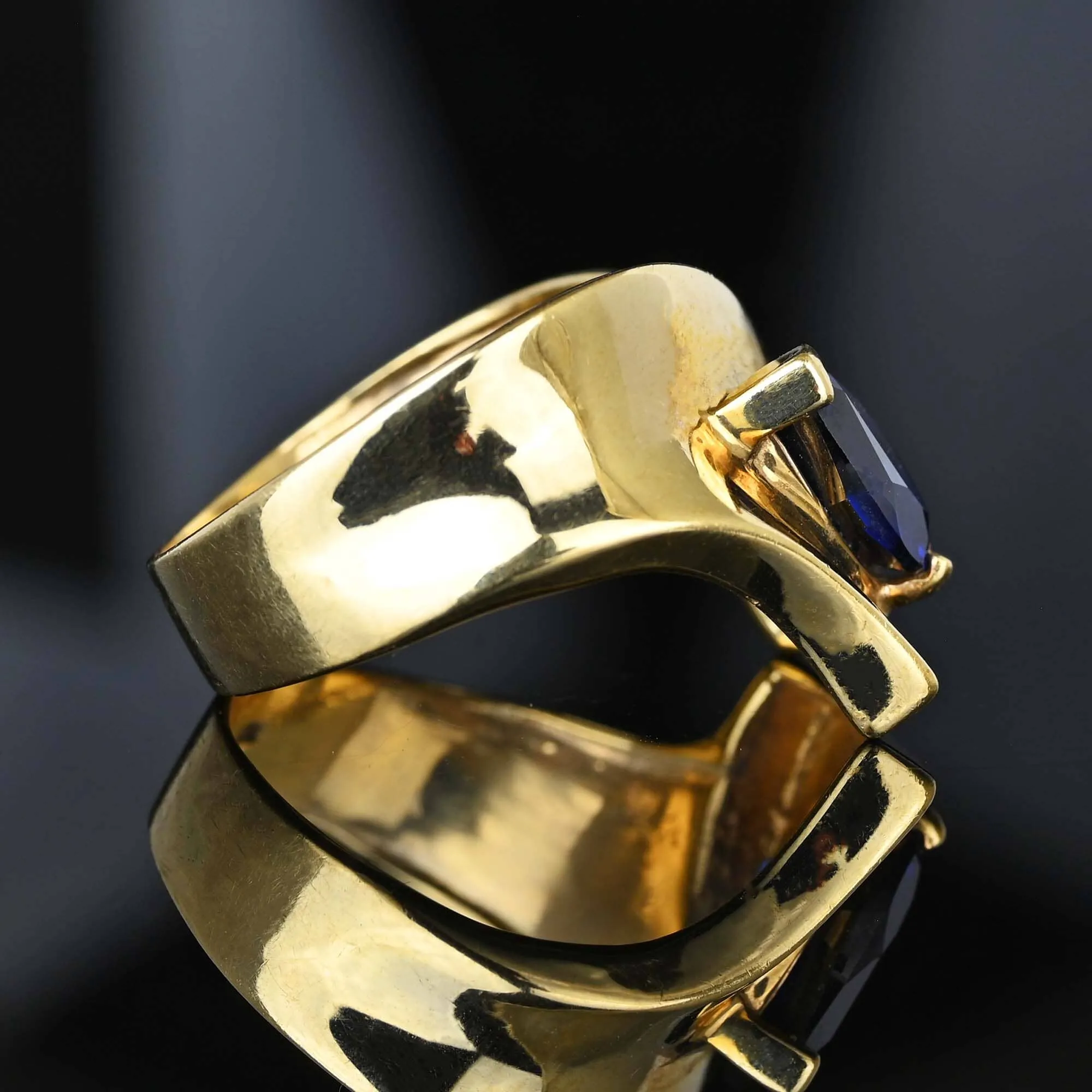 Modernist Wide Gold Cross Over Band Sapphire Ring