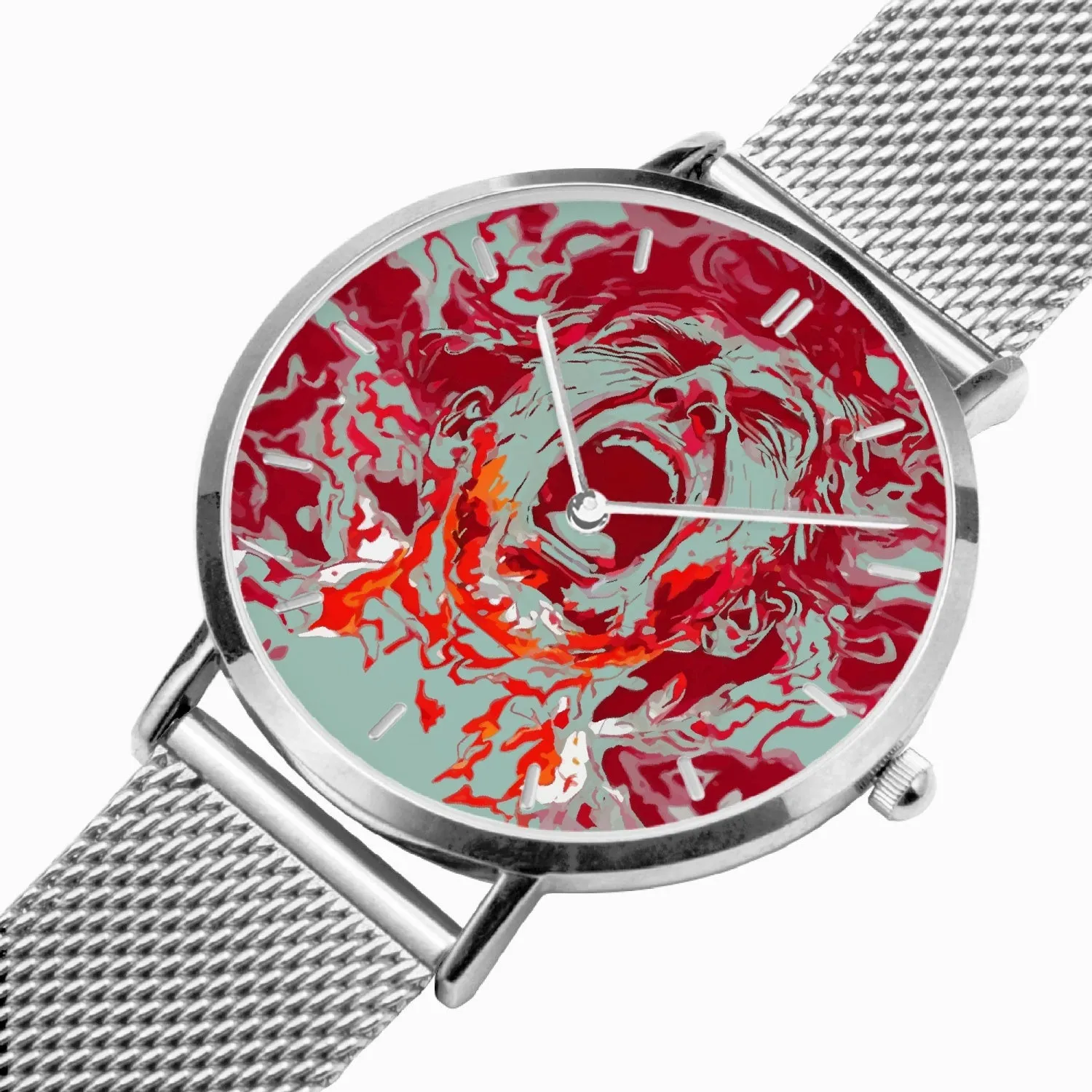 Montre à Quartz avec bracelet en cuir ultra-fin (Argent avec indicateur) "Homme qui crie" (165)