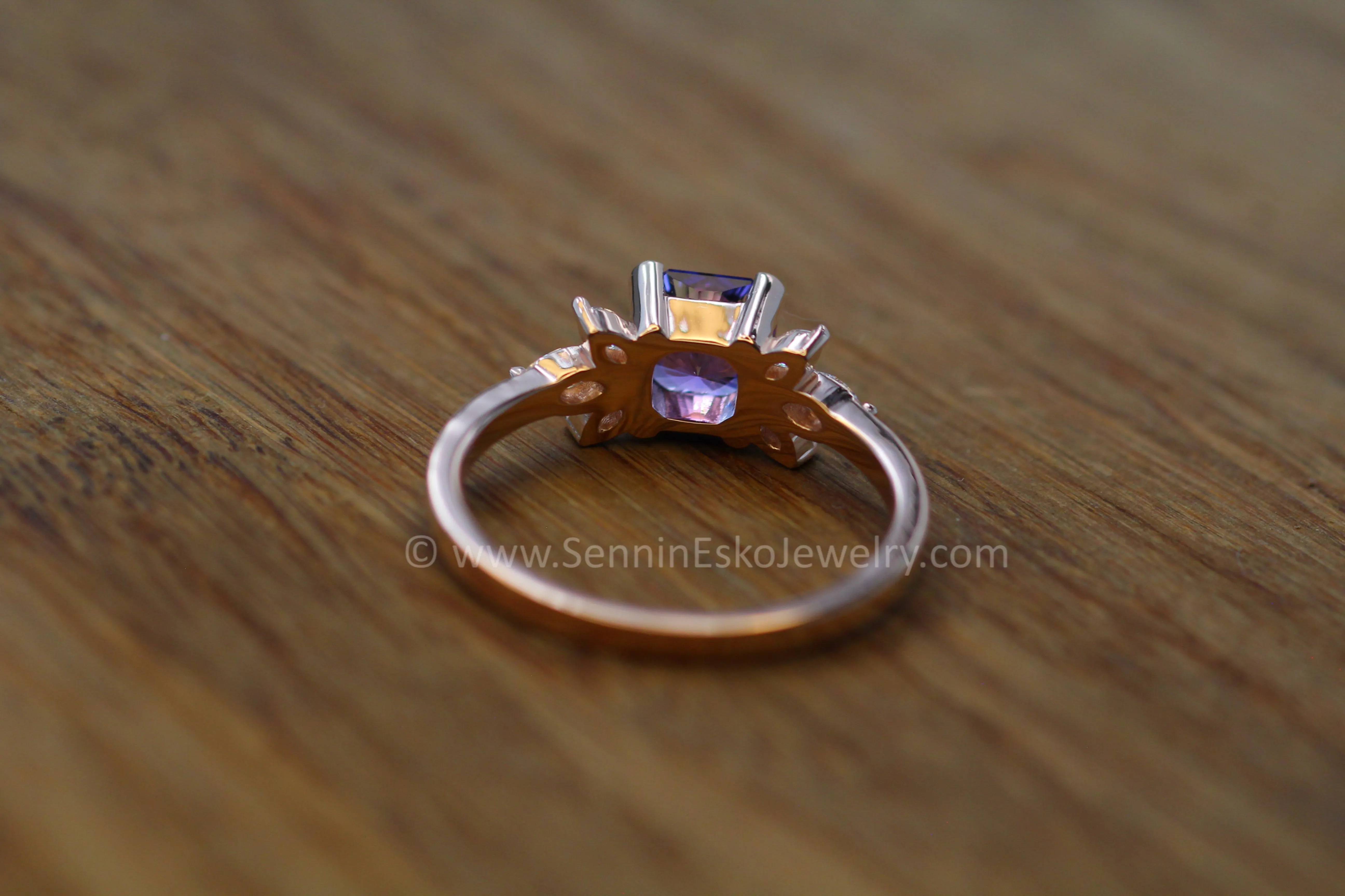 Multi Prong Setting with Diamond Marquise Accents - Depicted with a 1.3 carat Fantasy Cut Tanzanite (Setting Only, Center Stone Sold Separately)