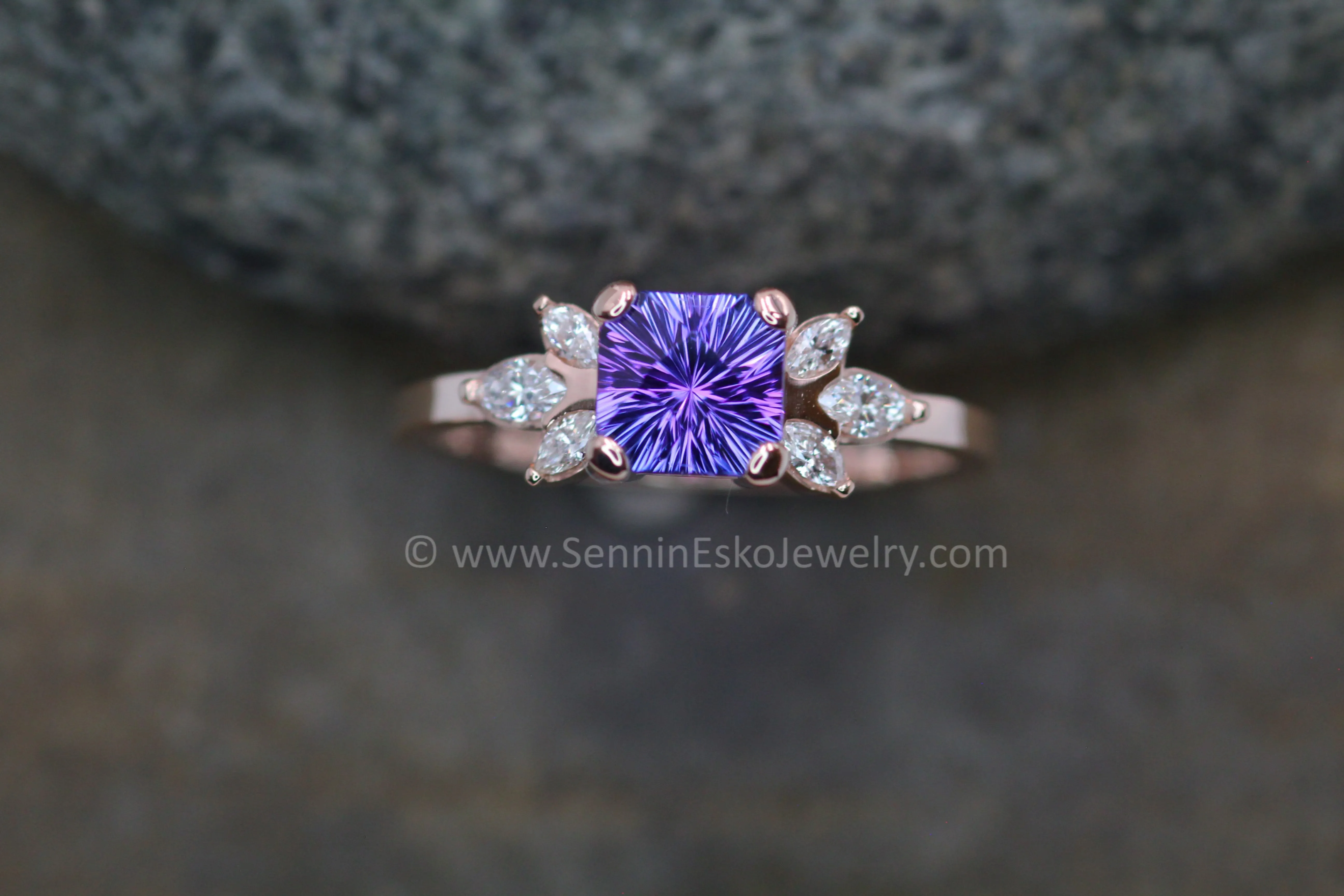 Multi Prong Setting with Diamond Marquise Accents - Depicted with a 1.3 carat Fantasy Cut Tanzanite (Setting Only, Center Stone Sold Separately)