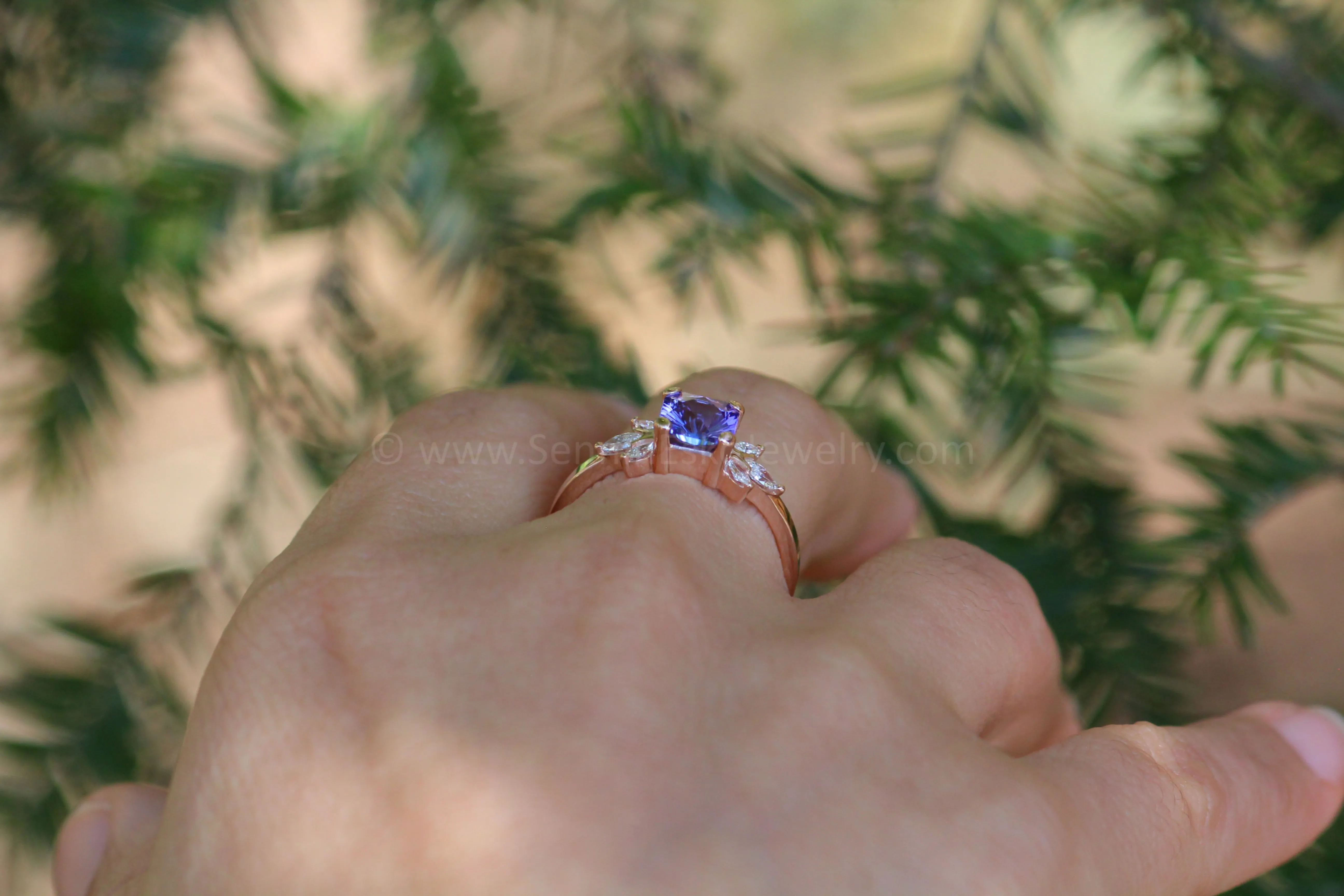 Multi Prong Setting with Diamond Marquise Accents - Depicted with a 1.3 carat Fantasy Cut Tanzanite (Setting Only, Center Stone Sold Separately)