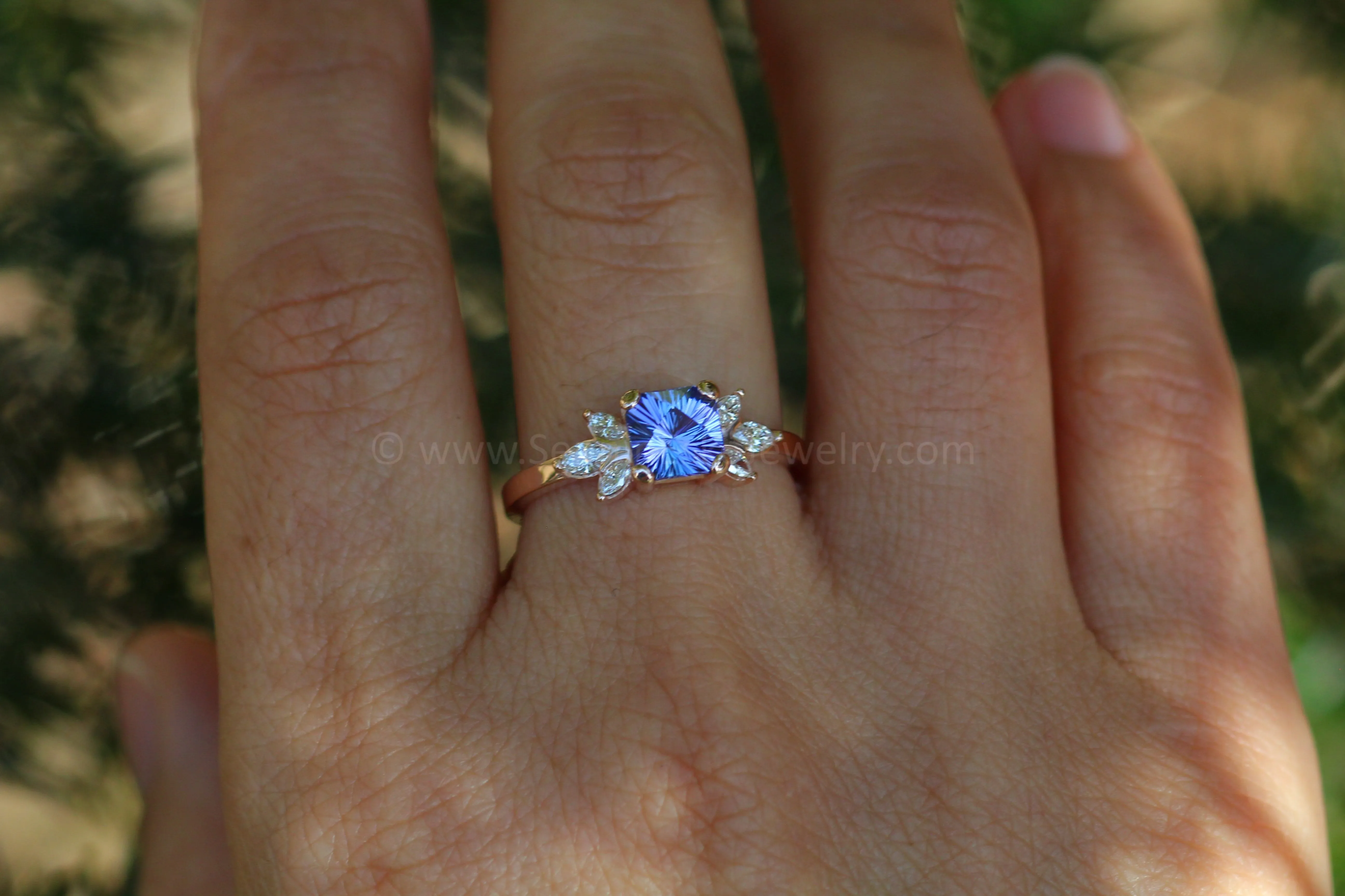 Multi Prong Setting with Diamond Marquise Accents - Depicted with a 1.3 carat Fantasy Cut Tanzanite (Setting Only, Center Stone Sold Separately)