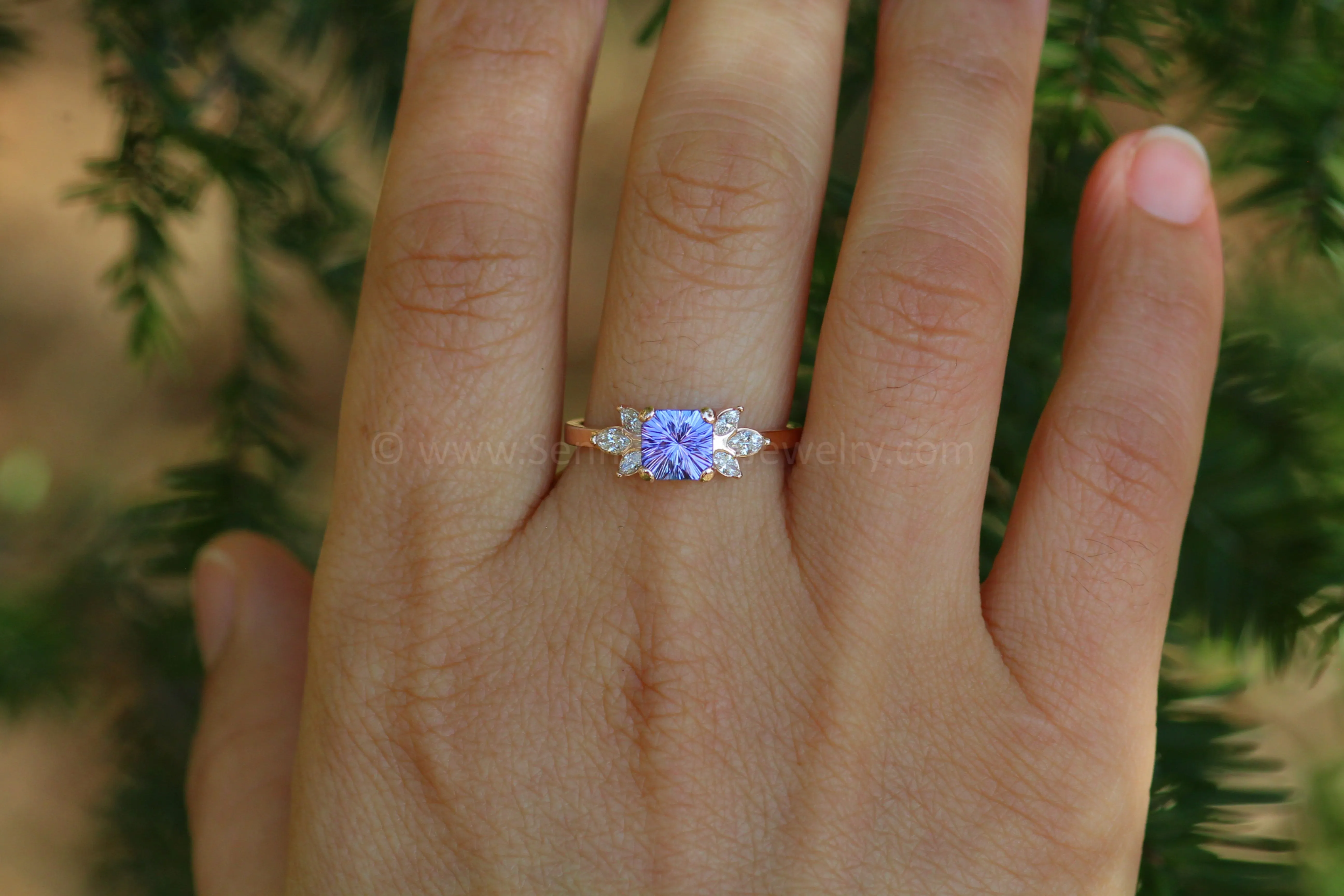 Multi Prong Setting with Diamond Marquise Accents - Depicted with a 1.3 carat Fantasy Cut Tanzanite (Setting Only, Center Stone Sold Separately)