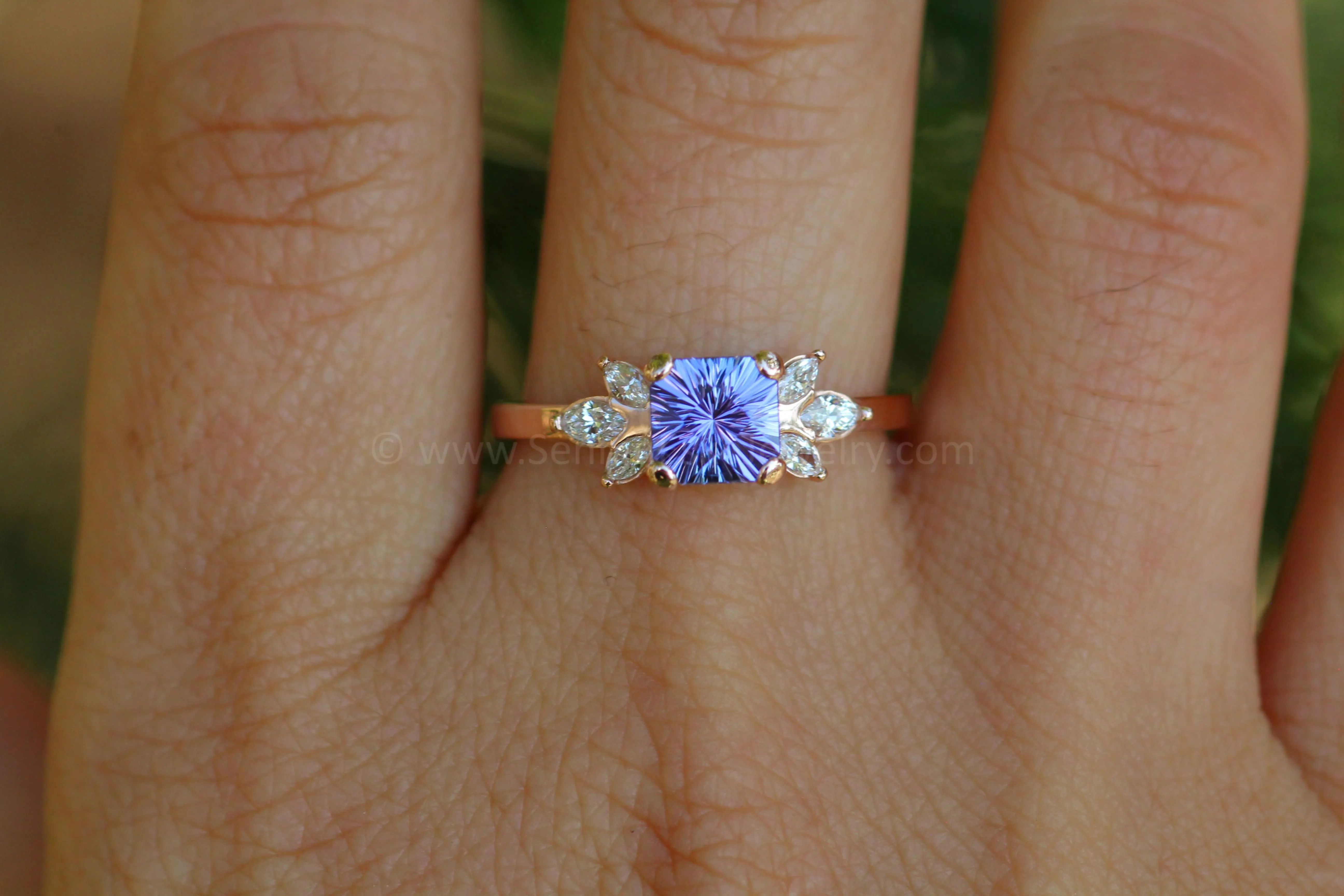 Multi Prong Setting with Diamond Marquise Accents - Depicted with a 1.3 carat Fantasy Cut Tanzanite (Setting Only, Center Stone Sold Separately)