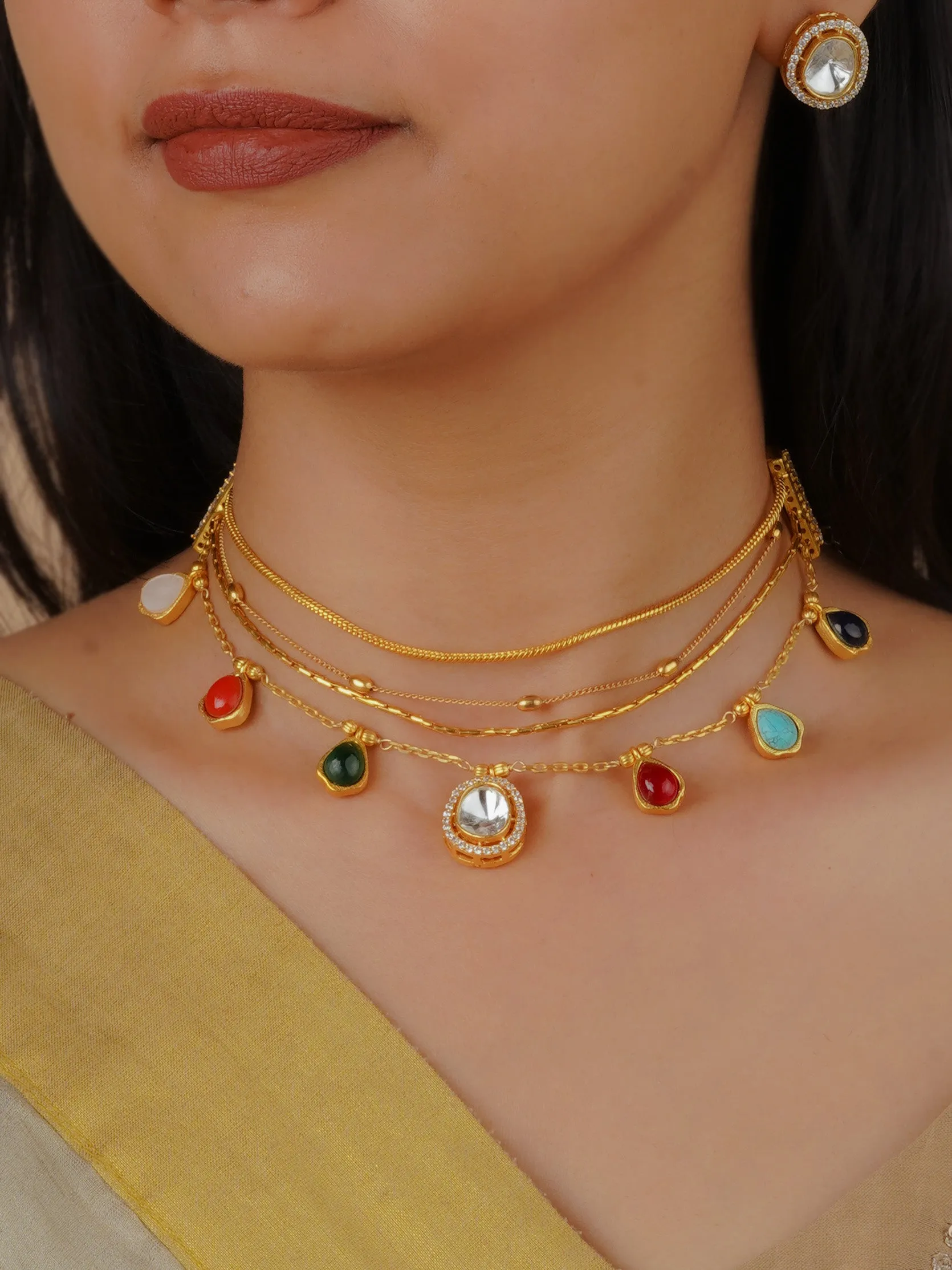 Multicolor Gold Plated Faux Polki Necklace Set - PK-S137M