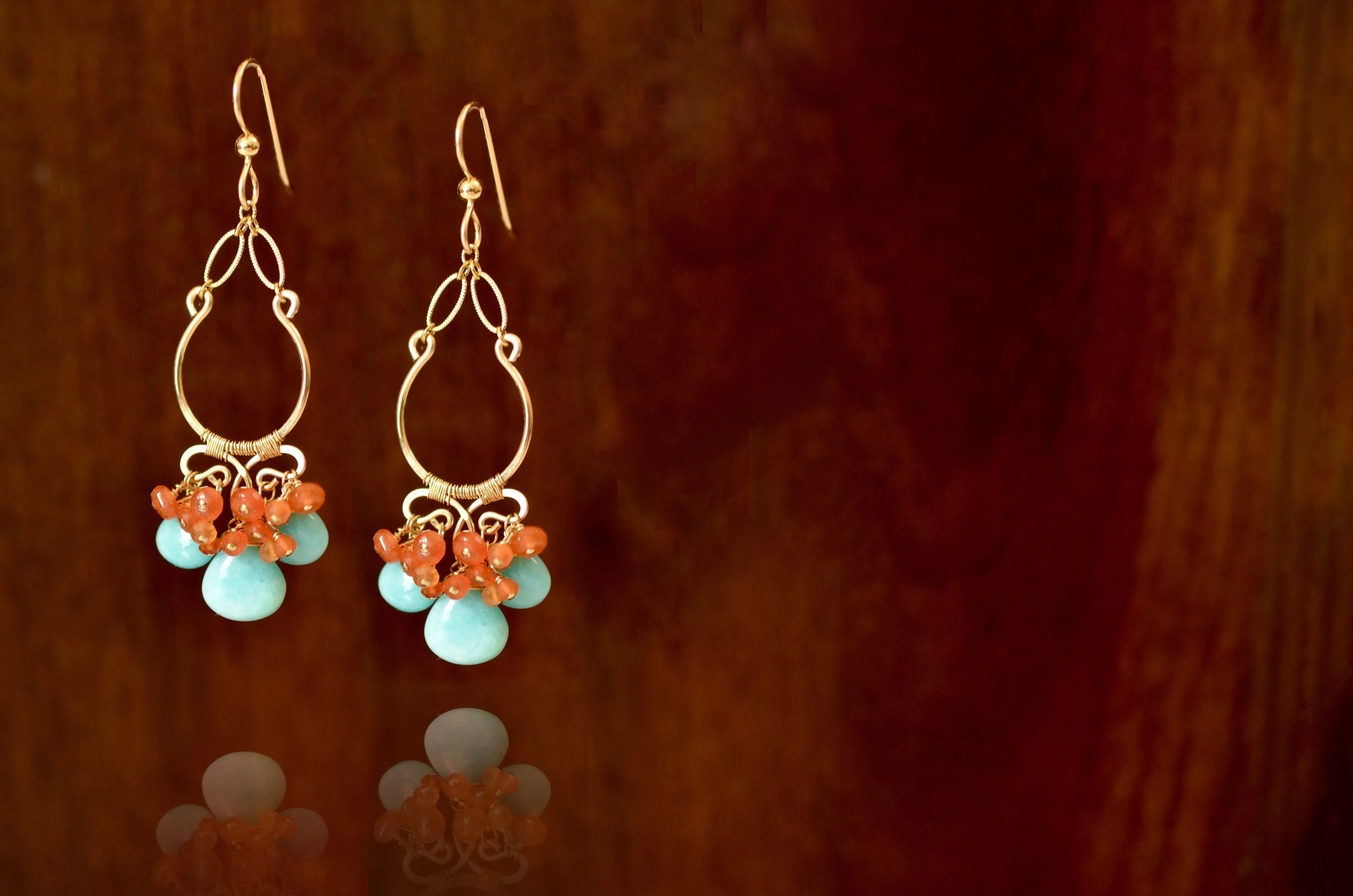 Natasha - Amazonite and Carnelian, 14k Gold Filled Chandelier Earrings