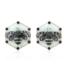 Natural Diamond Stud Earrings 18k Yellow Gold Ruby Sapphire Jewelry