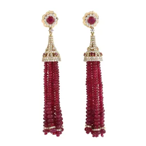 Natural Ruby Beaded Pave Diamond Long Tassel Dangler Earrings 18K Yellow Gold Wedding Jewelry