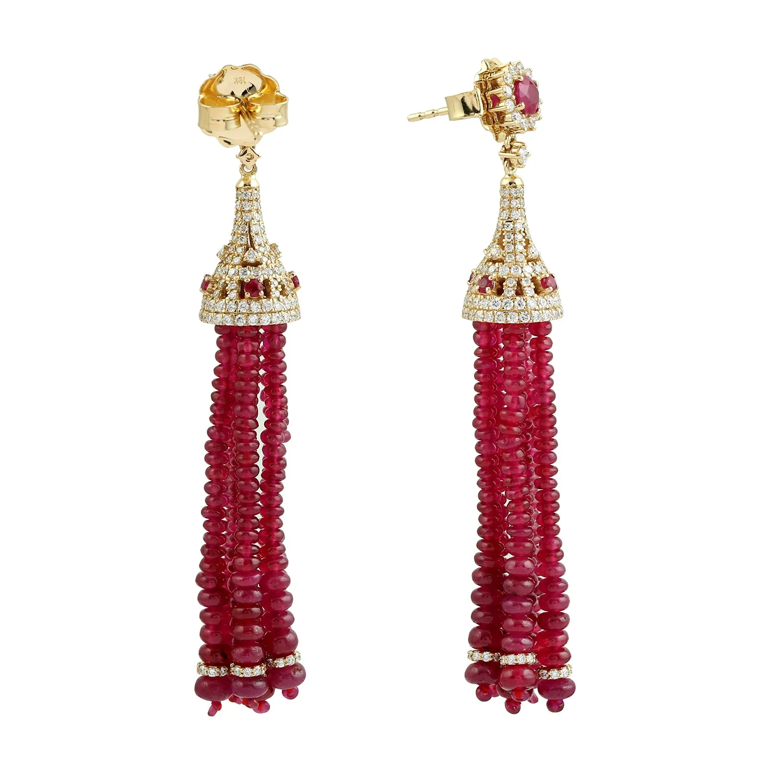 Natural Ruby Beaded Pave Diamond Long Tassel Dangler Earrings 18K Yellow Gold Wedding Jewelry