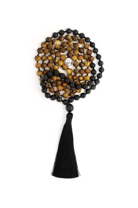 Obsidian & Dark Wood Mala Beads Necklace - "I am Complete"