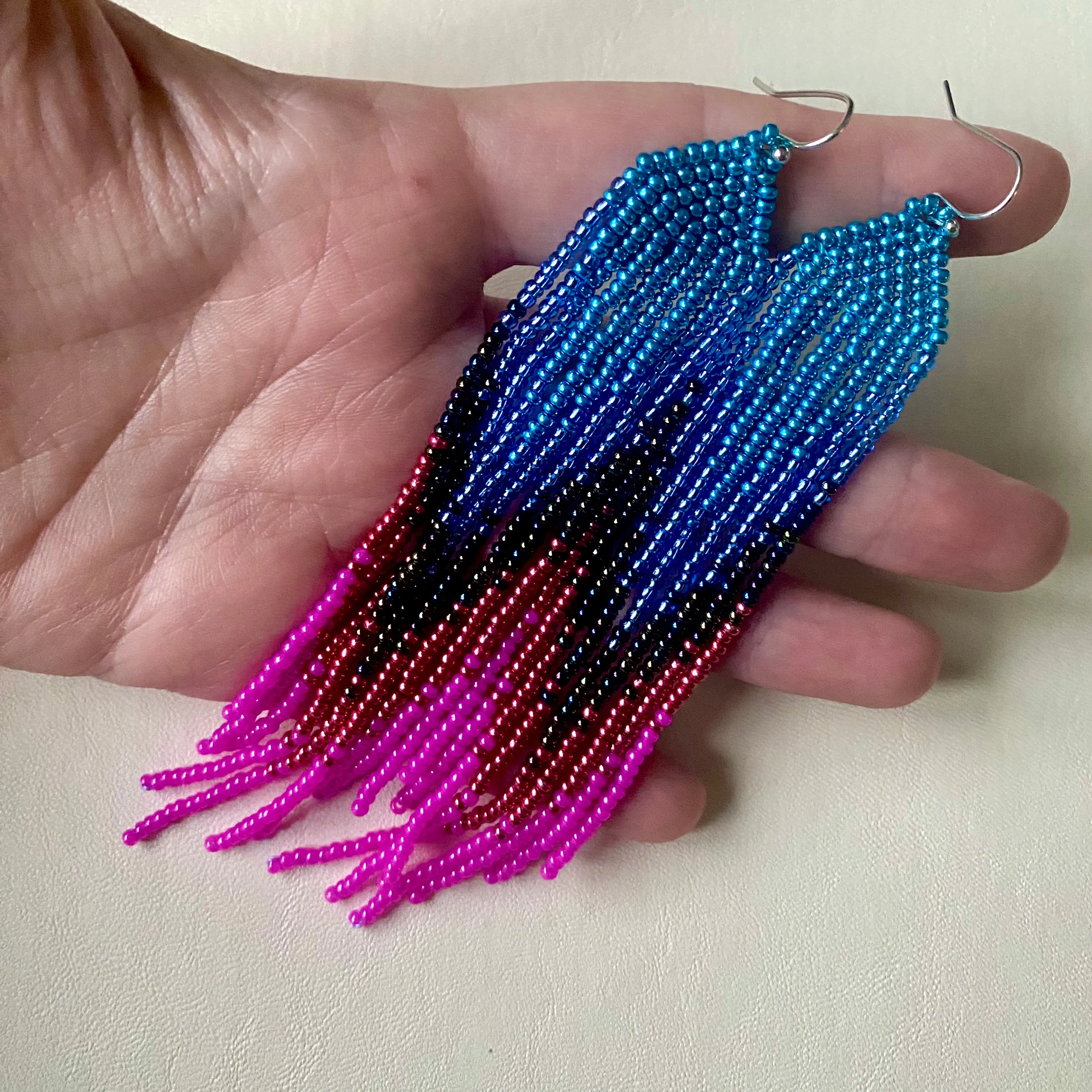 Ombre Blue Pink Seed Bead Fringe Earrings, Very Long Dangle chandelier Earrings, Boho Bohemian earrings, Statement earrings, Bright Earrings