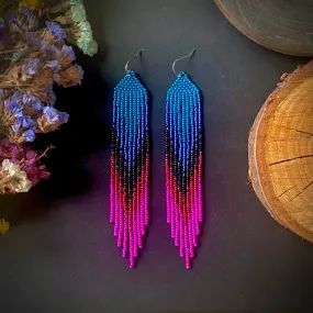 Ombre Blue Pink Seed Bead Fringe Earrings, Very Long Dangle chandelier Earrings, Boho Bohemian earrings, Statement earrings, Bright Earrings