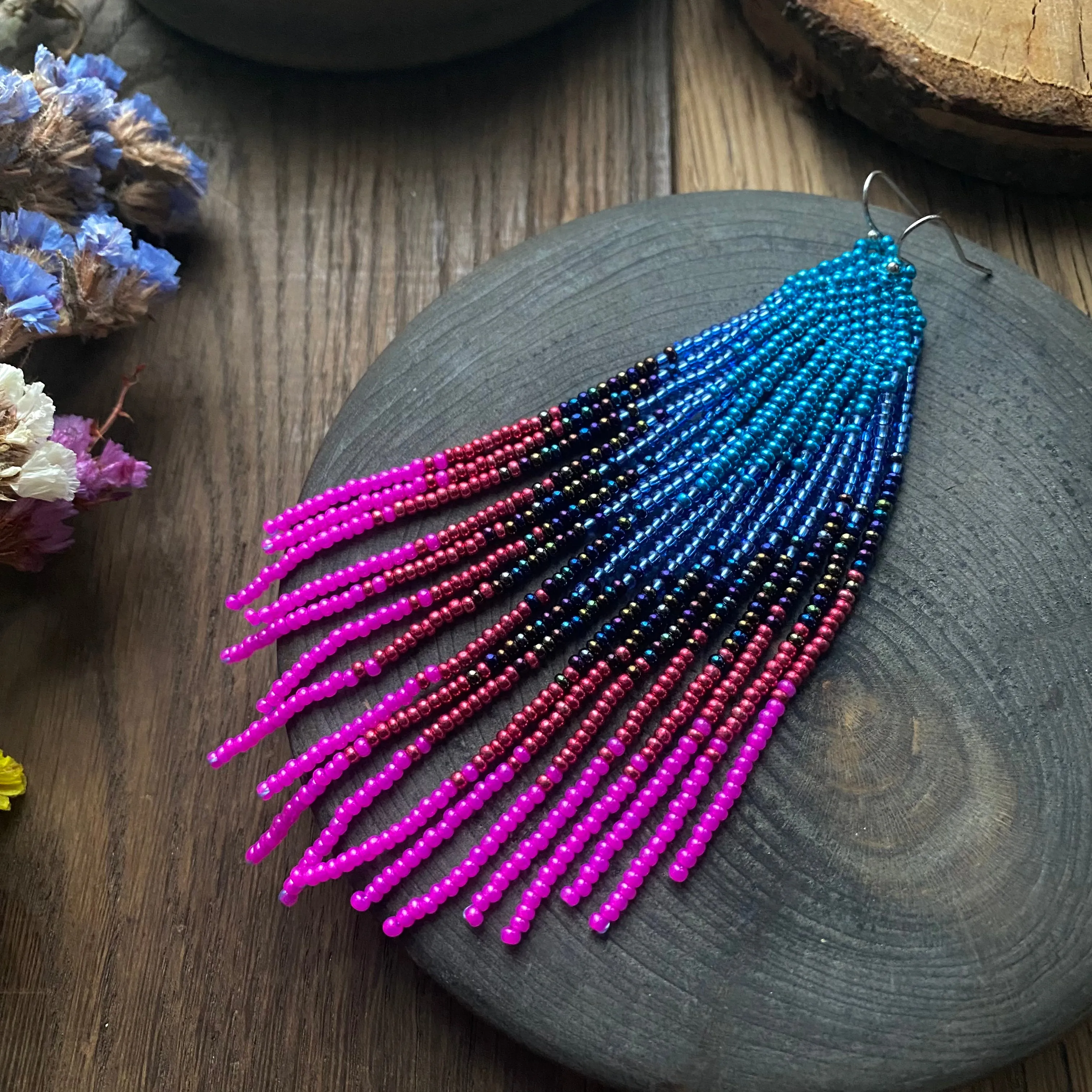 Ombre Blue Pink Seed Bead Fringe Earrings, Very Long Dangle chandelier Earrings, Boho Bohemian earrings, Statement earrings, Bright Earrings