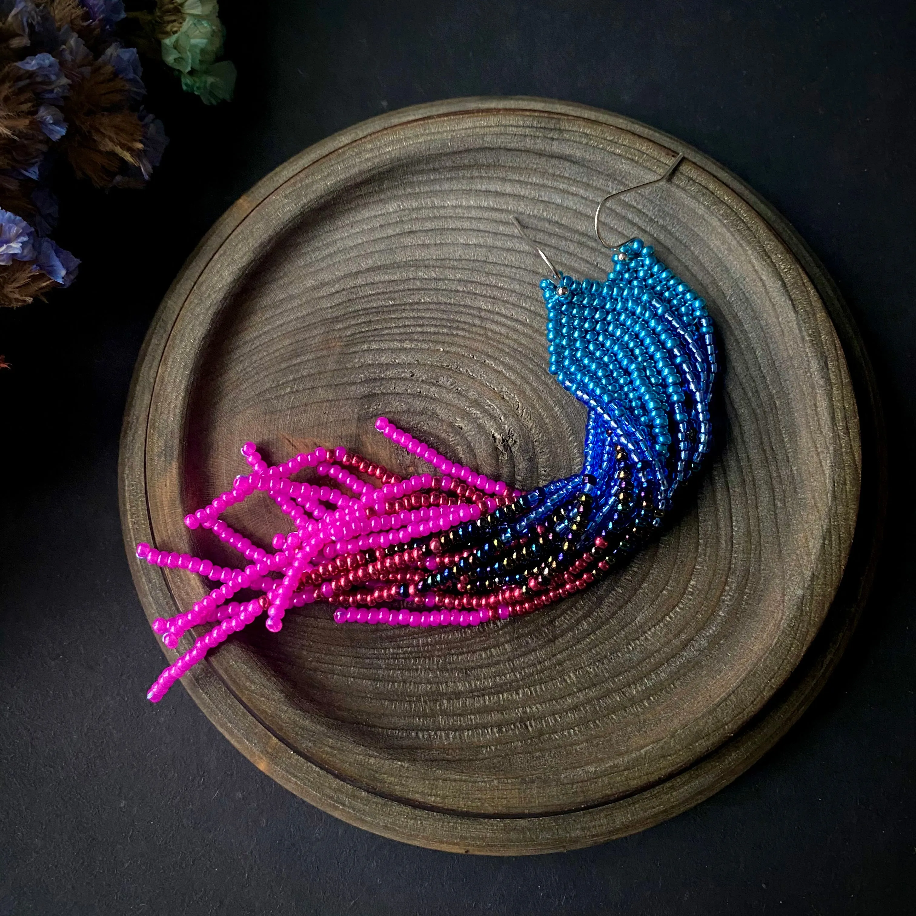 Ombre Blue Pink Seed Bead Fringe Earrings, Very Long Dangle chandelier Earrings, Boho Bohemian earrings, Statement earrings, Bright Earrings