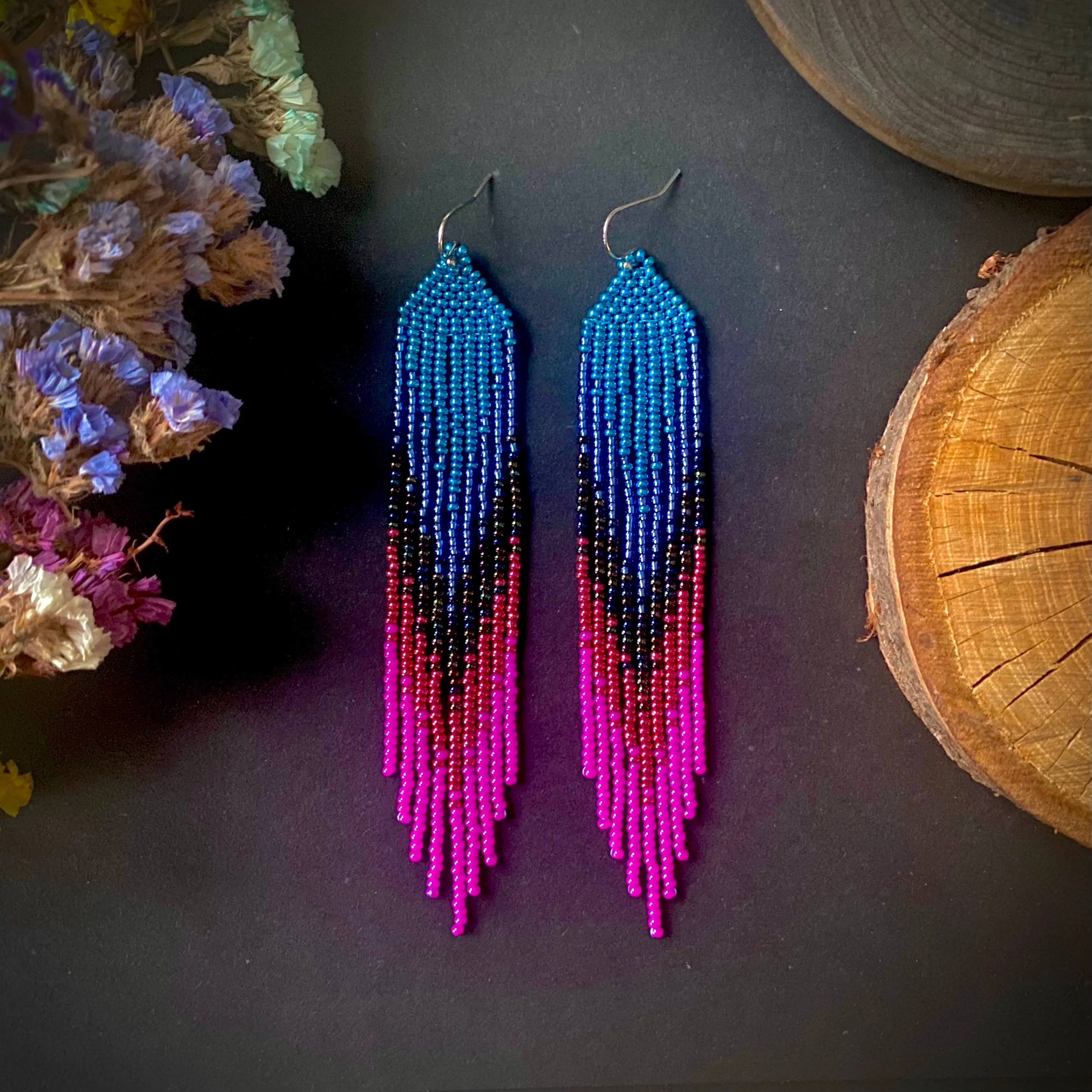 Ombre Blue Pink Seed Bead Fringe Earrings, Very Long Dangle chandelier Earrings, Boho Bohemian earrings, Statement earrings, Bright Earrings