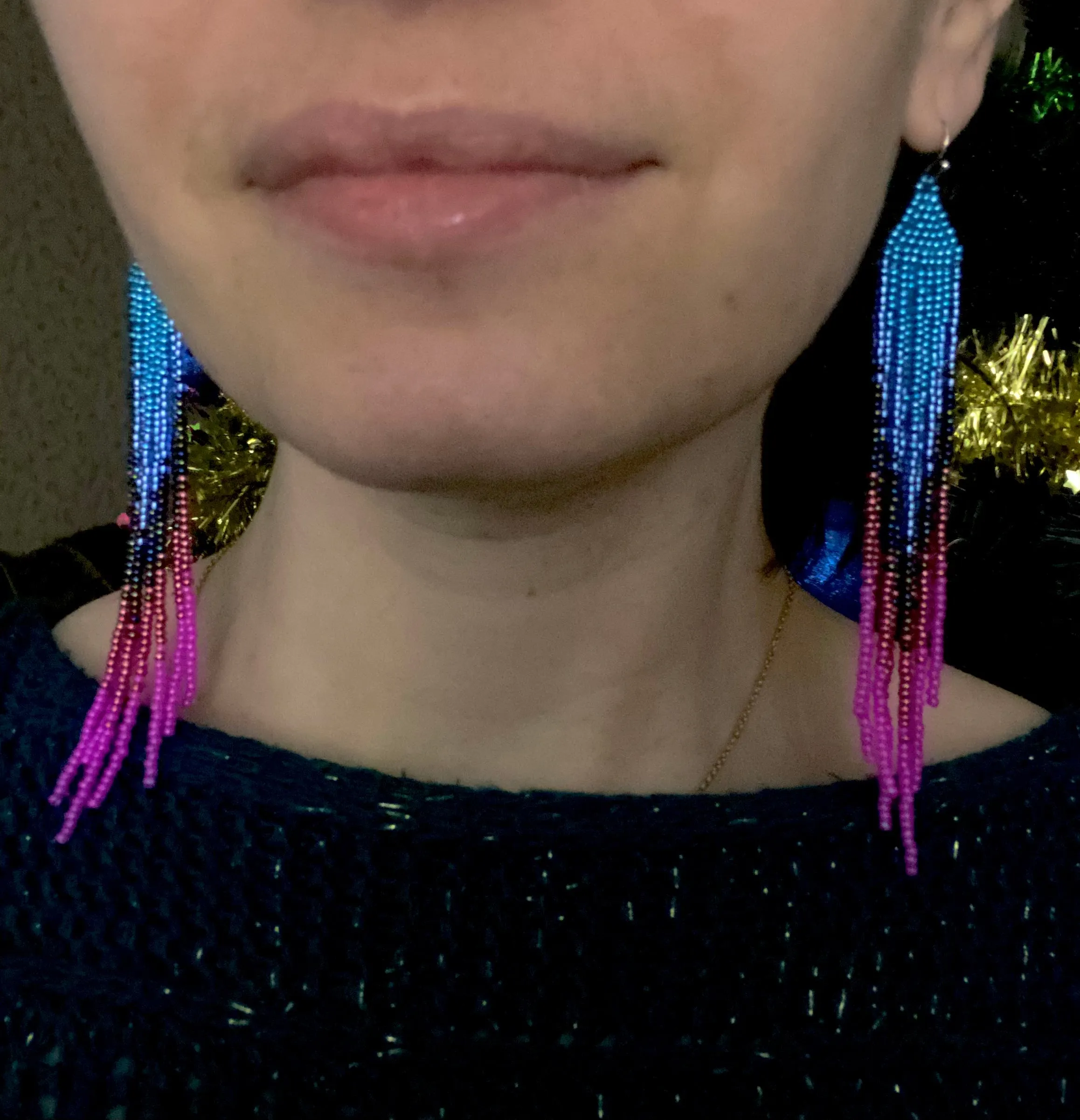 Ombre Blue Pink Seed Bead Fringe Earrings, Very Long Dangle chandelier Earrings, Boho Bohemian earrings, Statement earrings, Bright Earrings