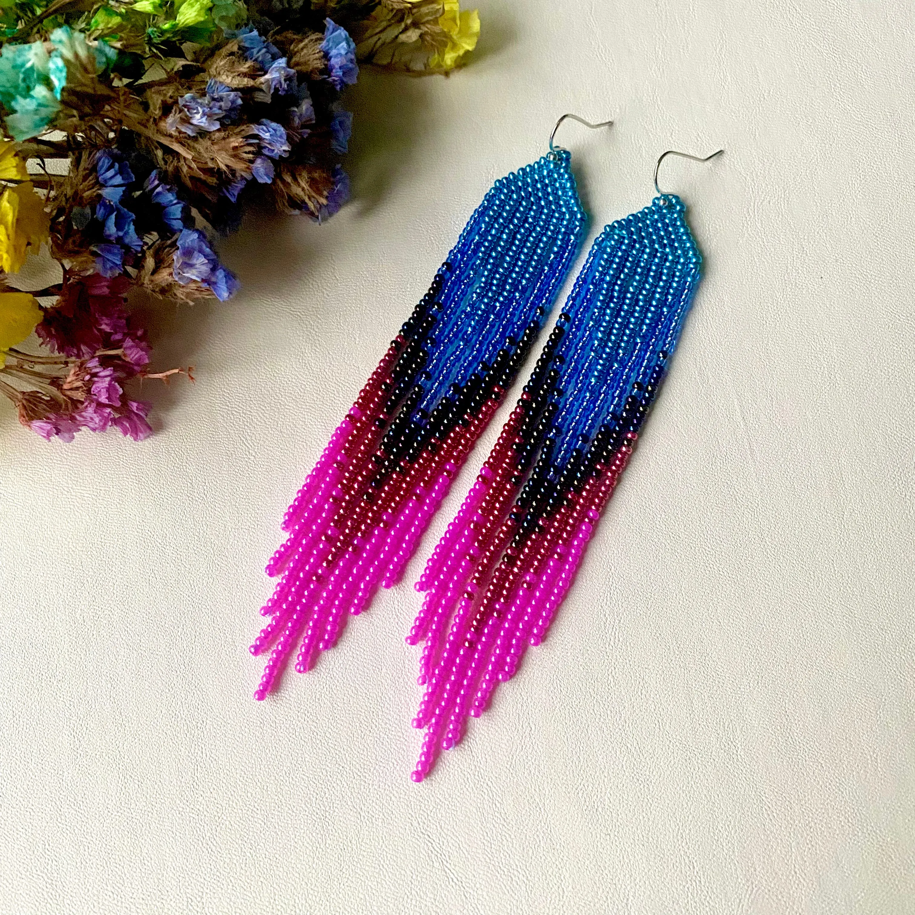 Ombre Blue Pink Seed Bead Fringe Earrings, Very Long Dangle chandelier Earrings, Boho Bohemian earrings, Statement earrings, Bright Earrings