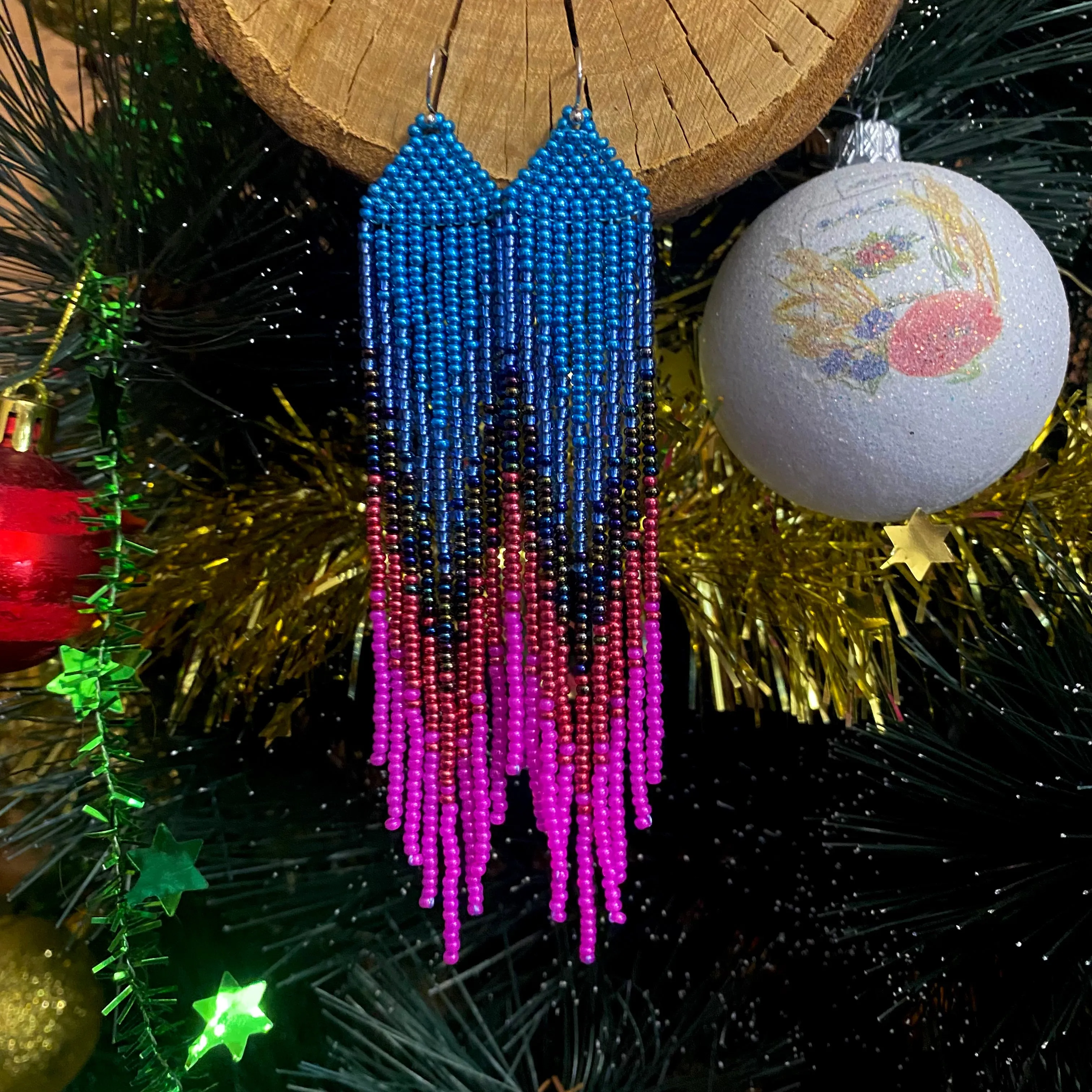 Ombre Blue Pink Seed Bead Fringe Earrings, Very Long Dangle chandelier Earrings, Boho Bohemian earrings, Statement earrings, Bright Earrings