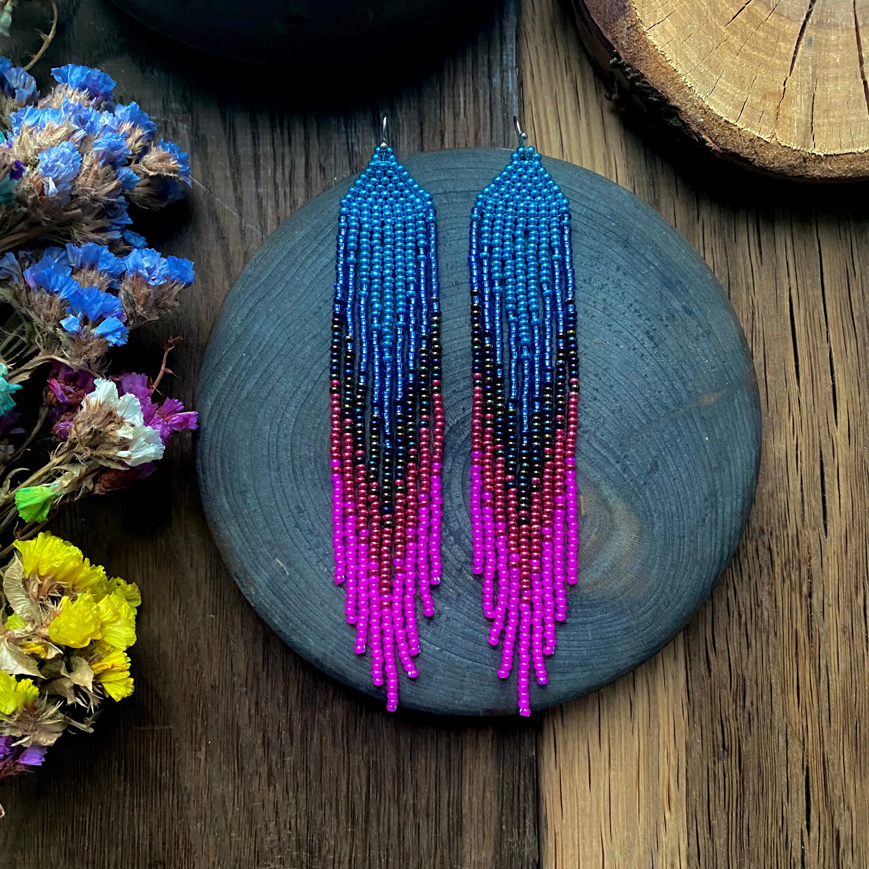 Ombre Blue Pink Seed Bead Fringe Earrings, Very Long Dangle chandelier Earrings, Boho Bohemian earrings, Statement earrings, Bright Earrings