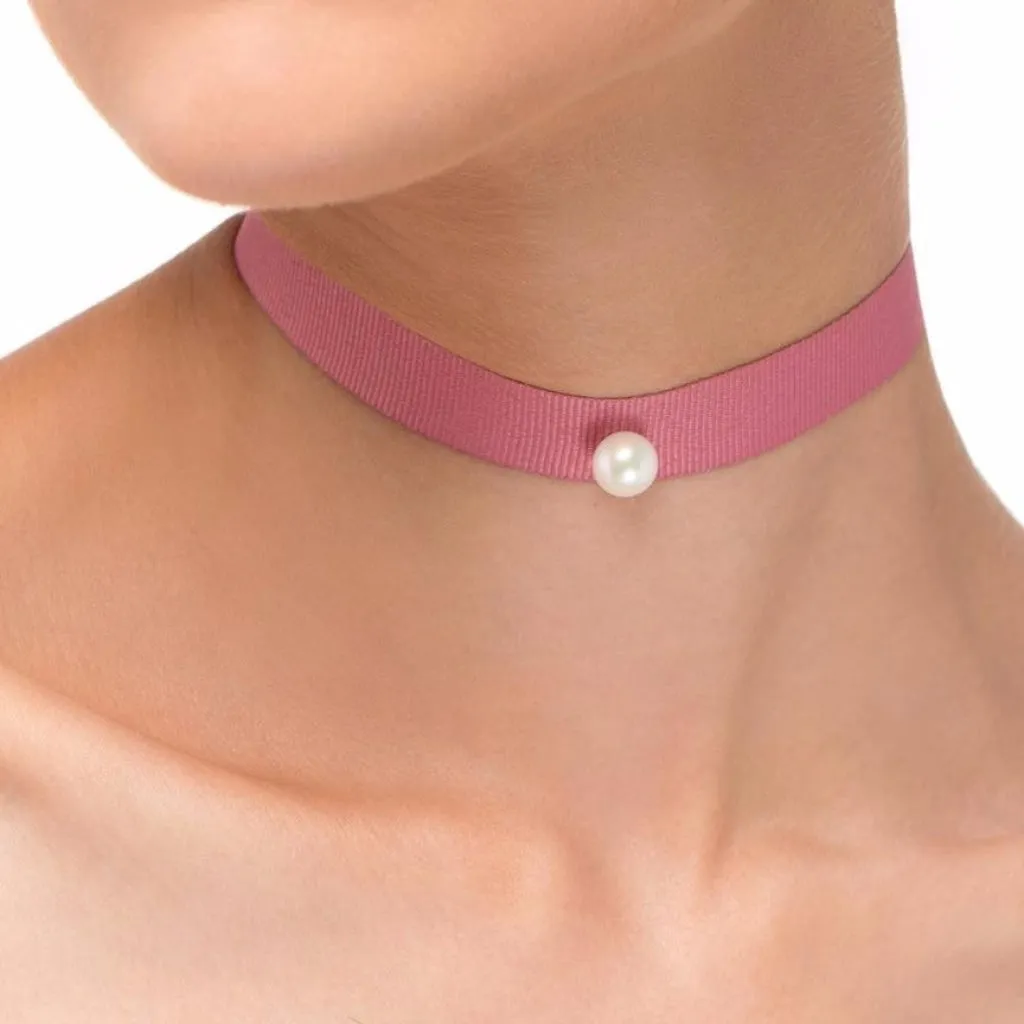 Omnia Solitaire Choker - White Pearl - Dirty Pink Ribbon