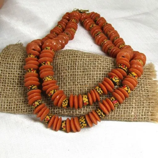 Orange African Trade Bead Double-strand Necklace