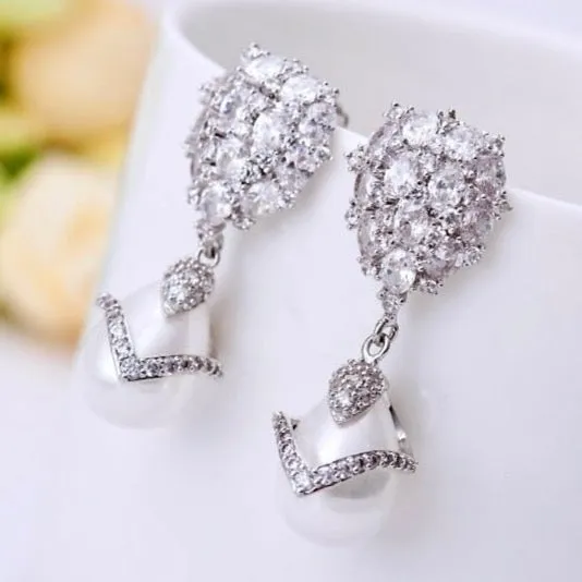 Oressa - Pearl and Cubic Zirconia Bridal Earrings - Available in Silver and Gold