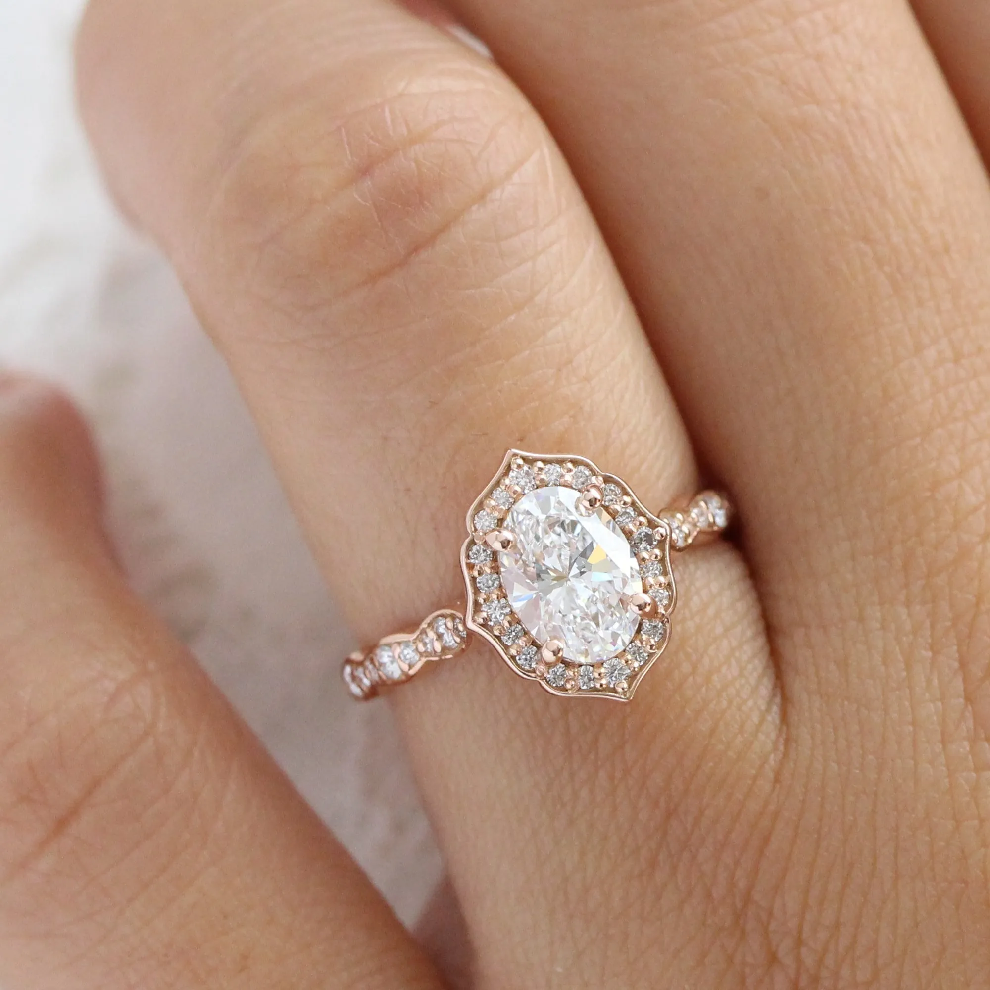 Oval Cut Lab Diamond Ring w/ Natural Diamonds in Vintage Floral Ring