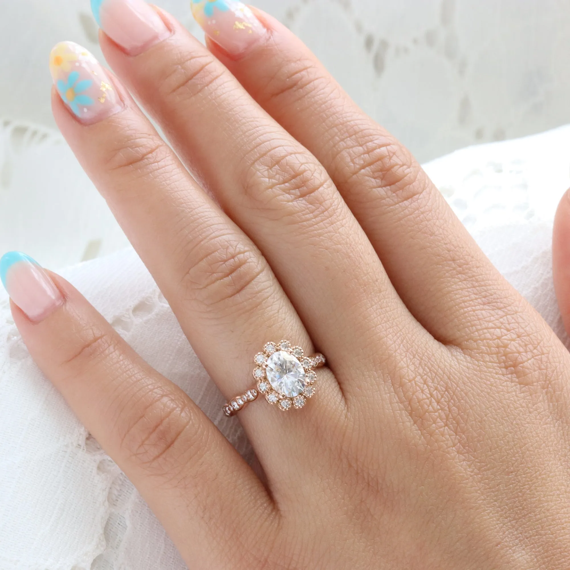 Oval Moissanite Engagement Ring in Vintage Luna Halo Diamond Ring