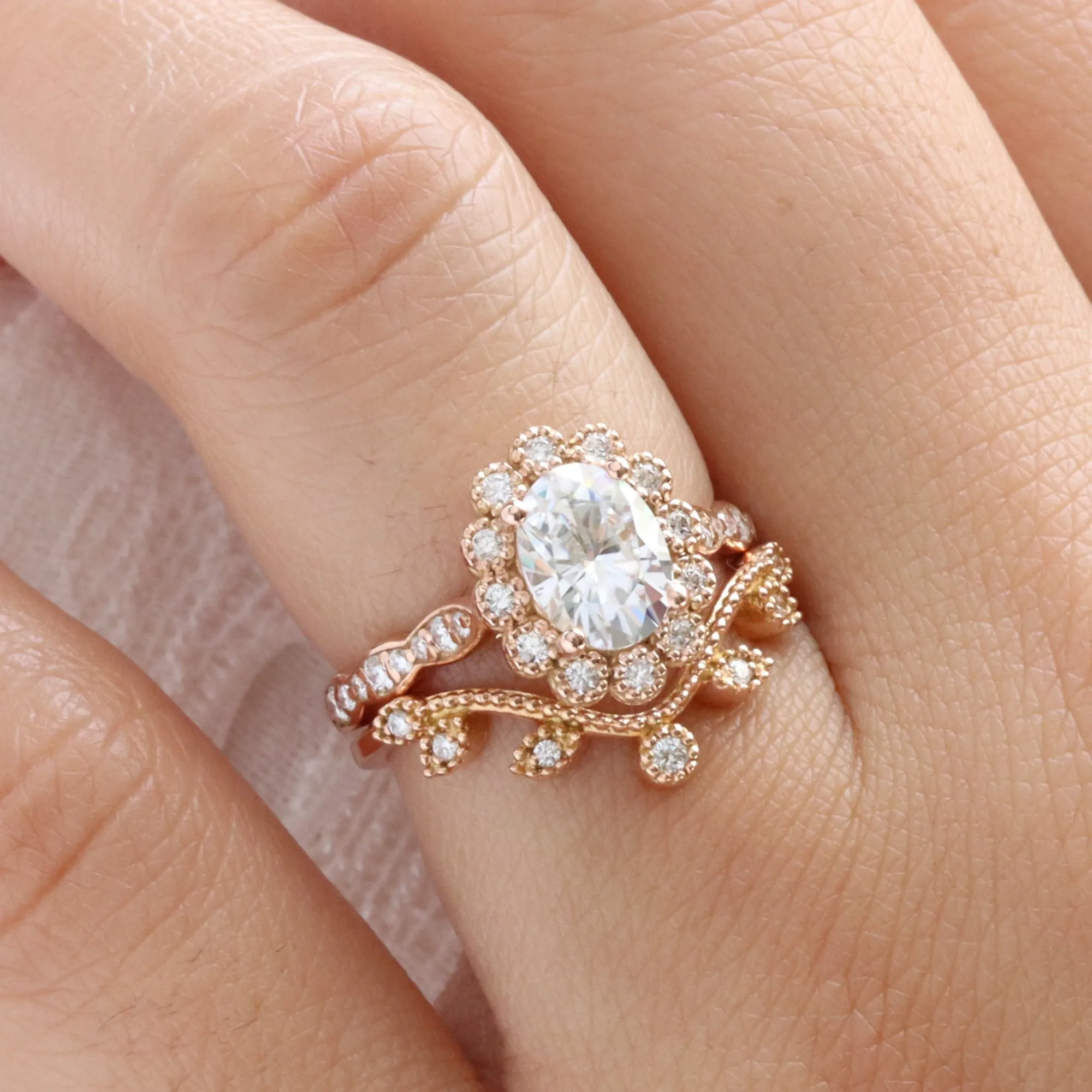 Oval Moissanite Engagement Ring in Vintage Luna Halo Diamond Ring