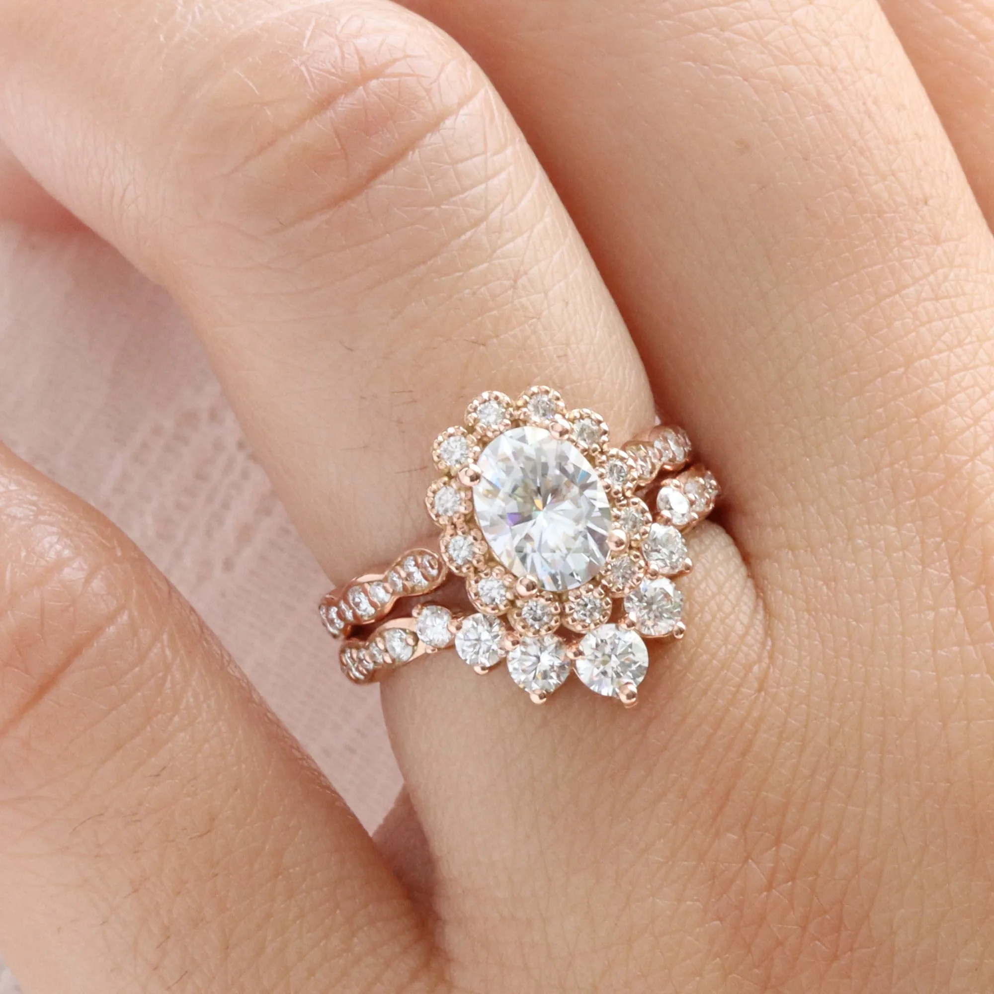 Oval Moissanite Engagement Ring in Vintage Luna Halo Diamond Ring