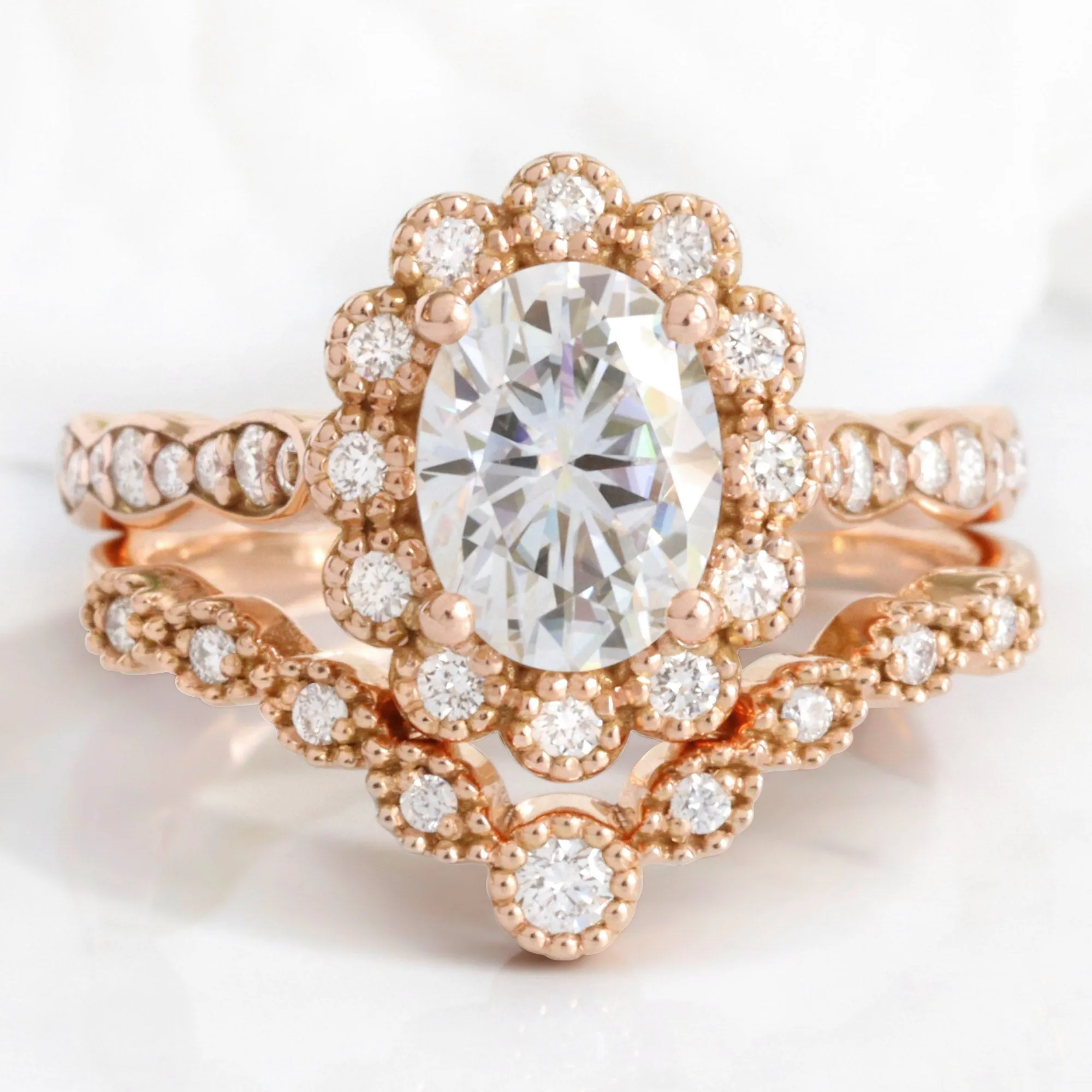 Oval Moissanite Engagement Ring in Vintage Luna Halo Diamond Ring