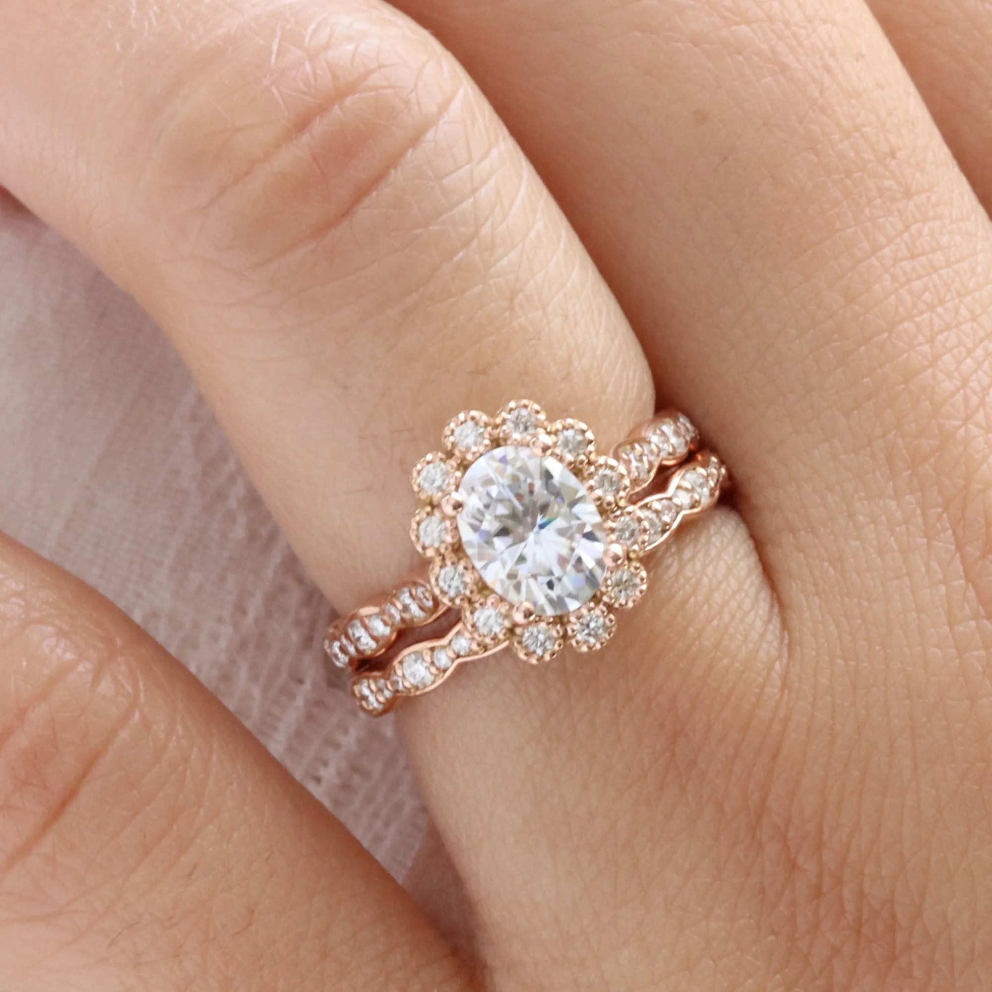 Oval Moissanite Engagement Ring in Vintage Luna Halo Diamond Ring