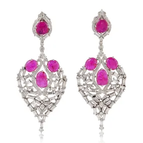 Oval Slice Ruby Natural Baguette Diamond Drop Dangler For Women In 18K White Gold