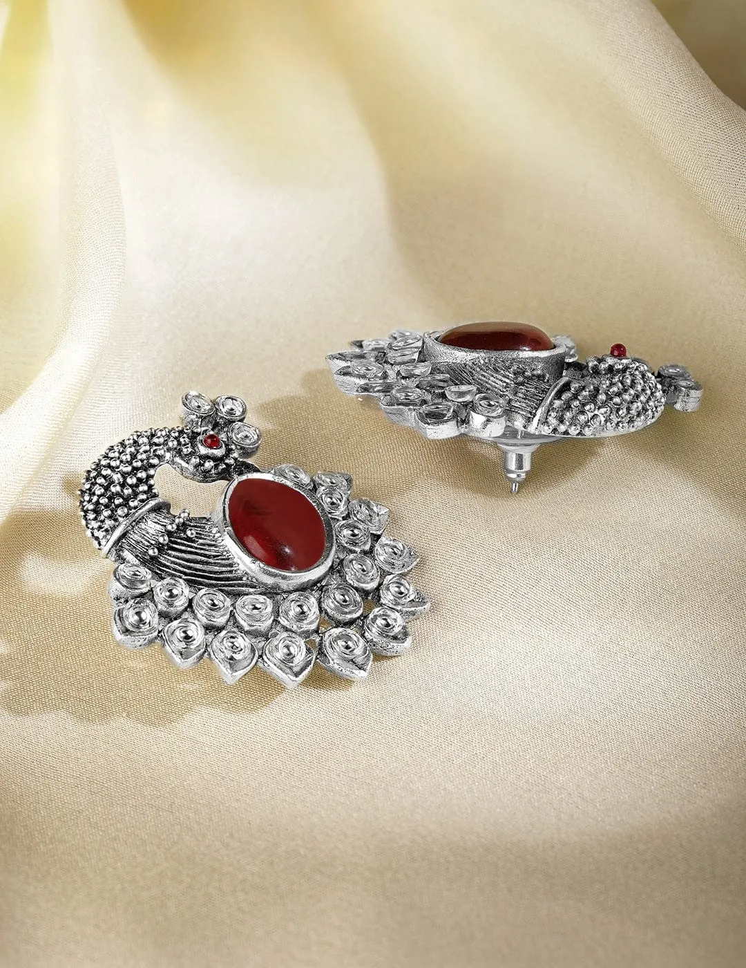 Oxidized Silver Plated Peacock Motif Stud Earrings with Ruby Studded