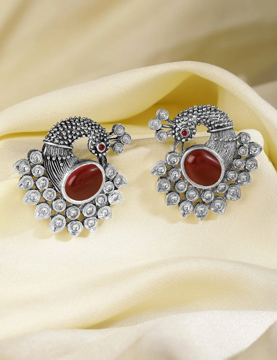 Oxidized Silver Plated Peacock Motif Stud Earrings with Ruby Studded