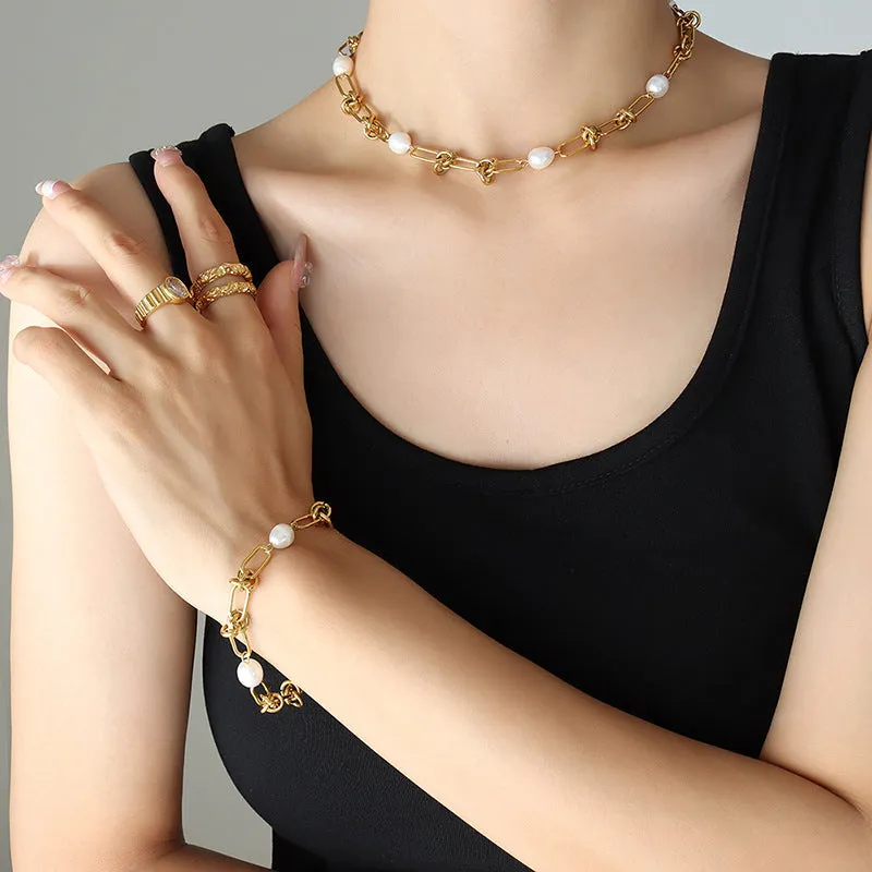 Paperclip Pearl Necklace And Bracelet Set