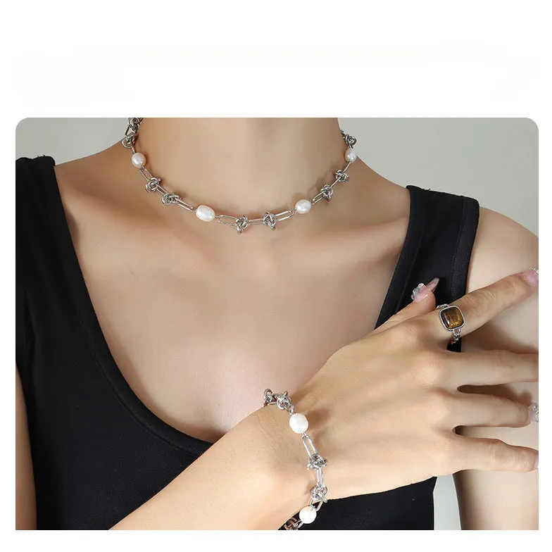 Paperclip Pearl Necklace And Bracelet Set