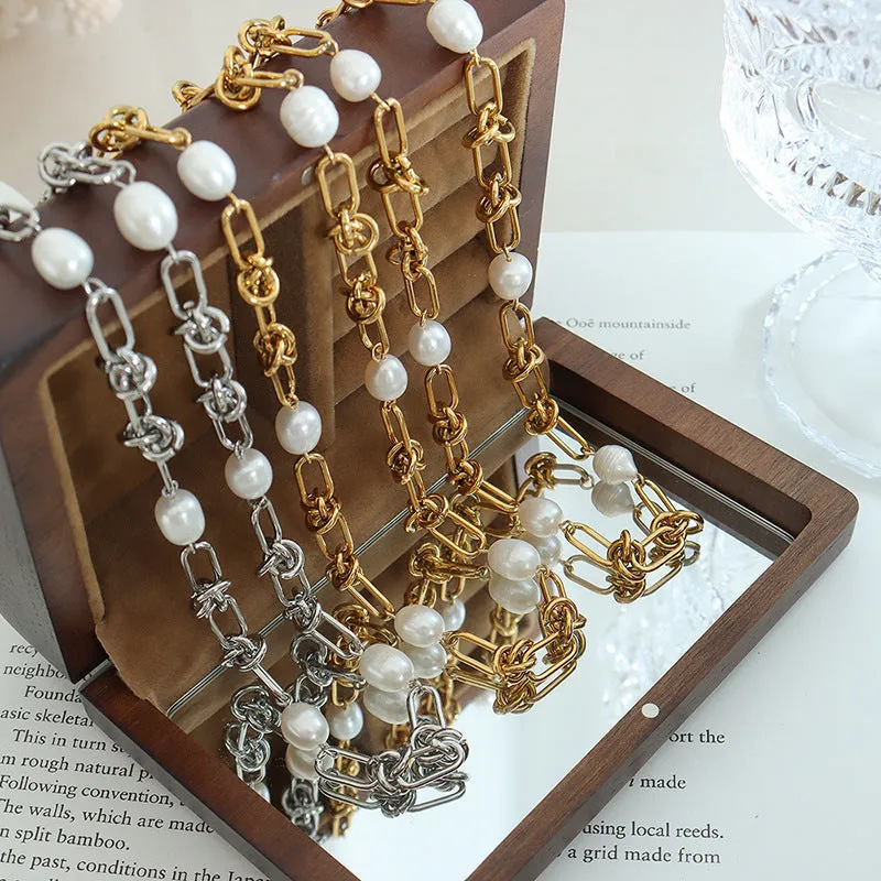 Paperclip Pearl Necklace And Bracelet Set