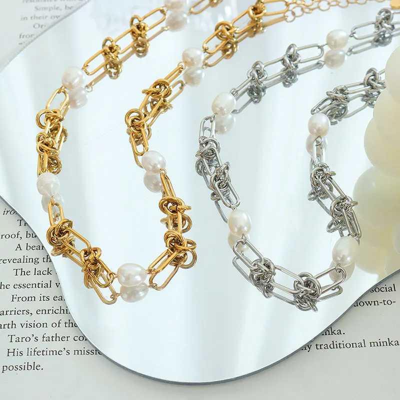 Paperclip Pearl Necklace And Bracelet Set