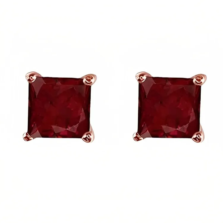 Paris Jewelry 18k Rose Gold 2 Pair Created Ruby 4mm, 6mm Round & Princess Cut Stud Earrings Plated