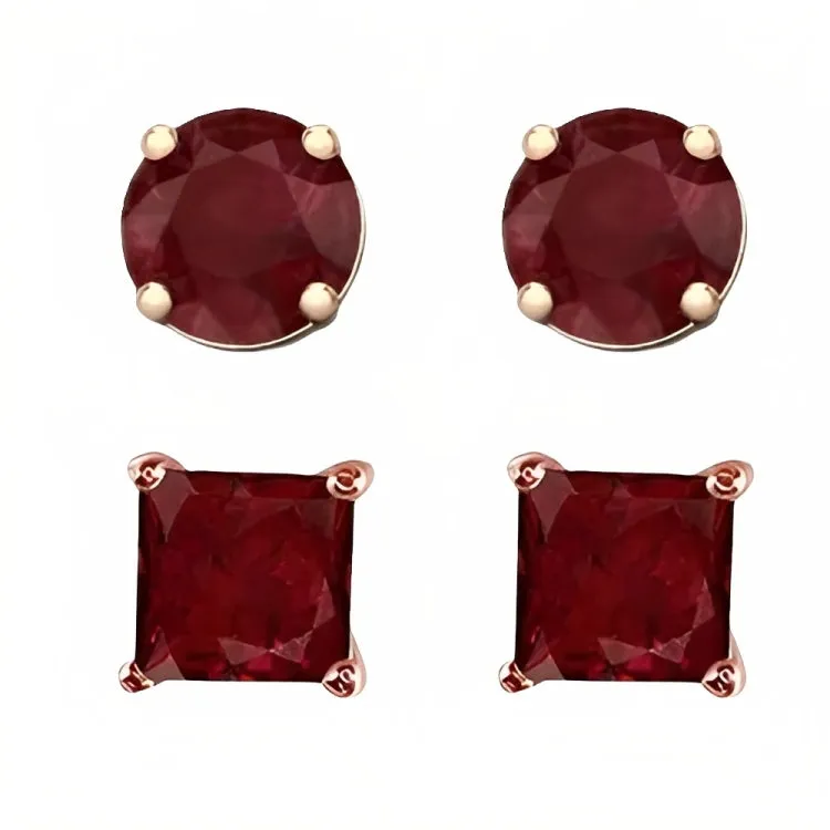 Paris Jewelry 18k Rose Gold 2 Pair Created Ruby 4mm, 6mm Round & Princess Cut Stud Earrings Plated