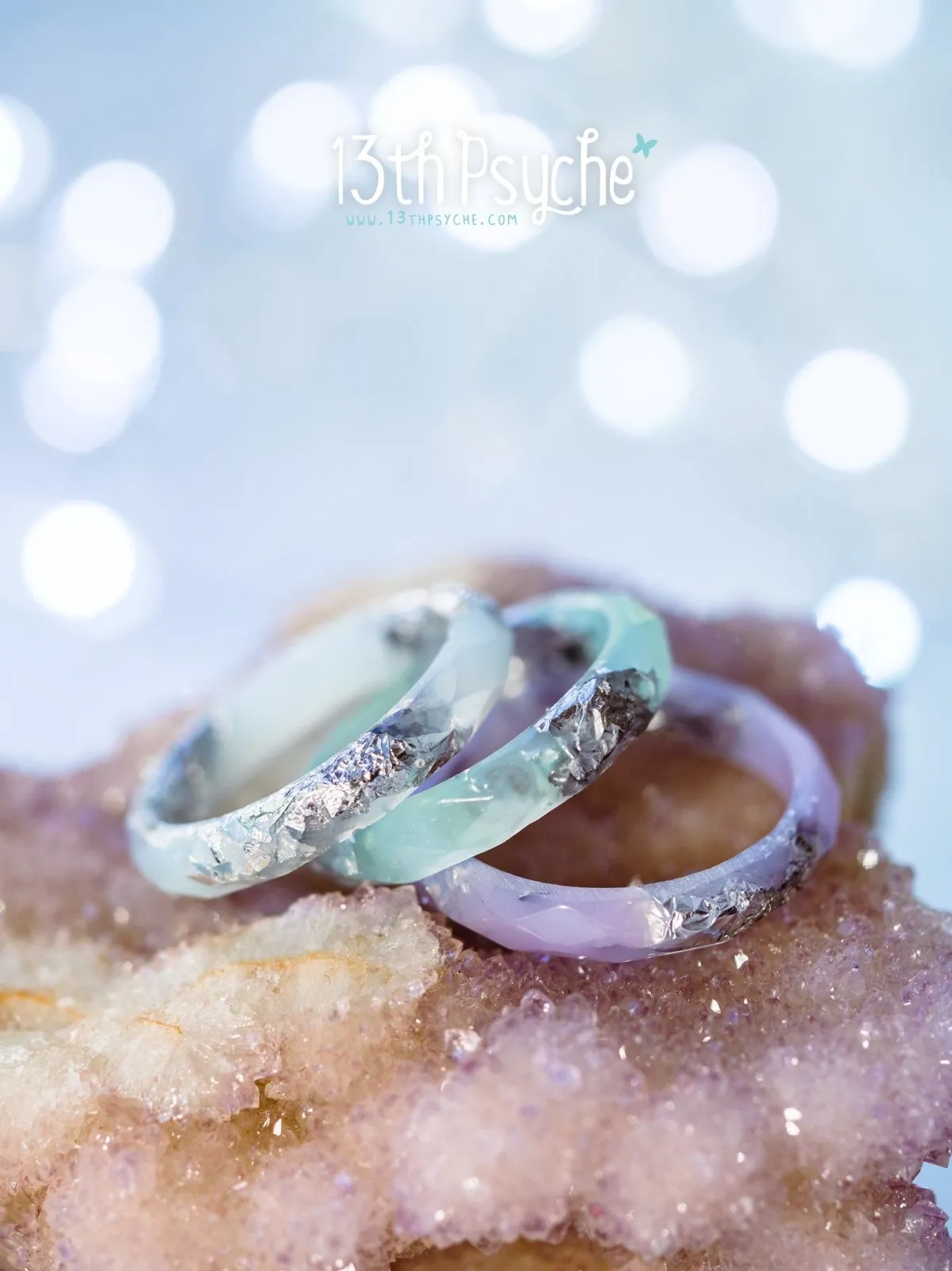 Pastel green mint and silver flakes faceted resin ring