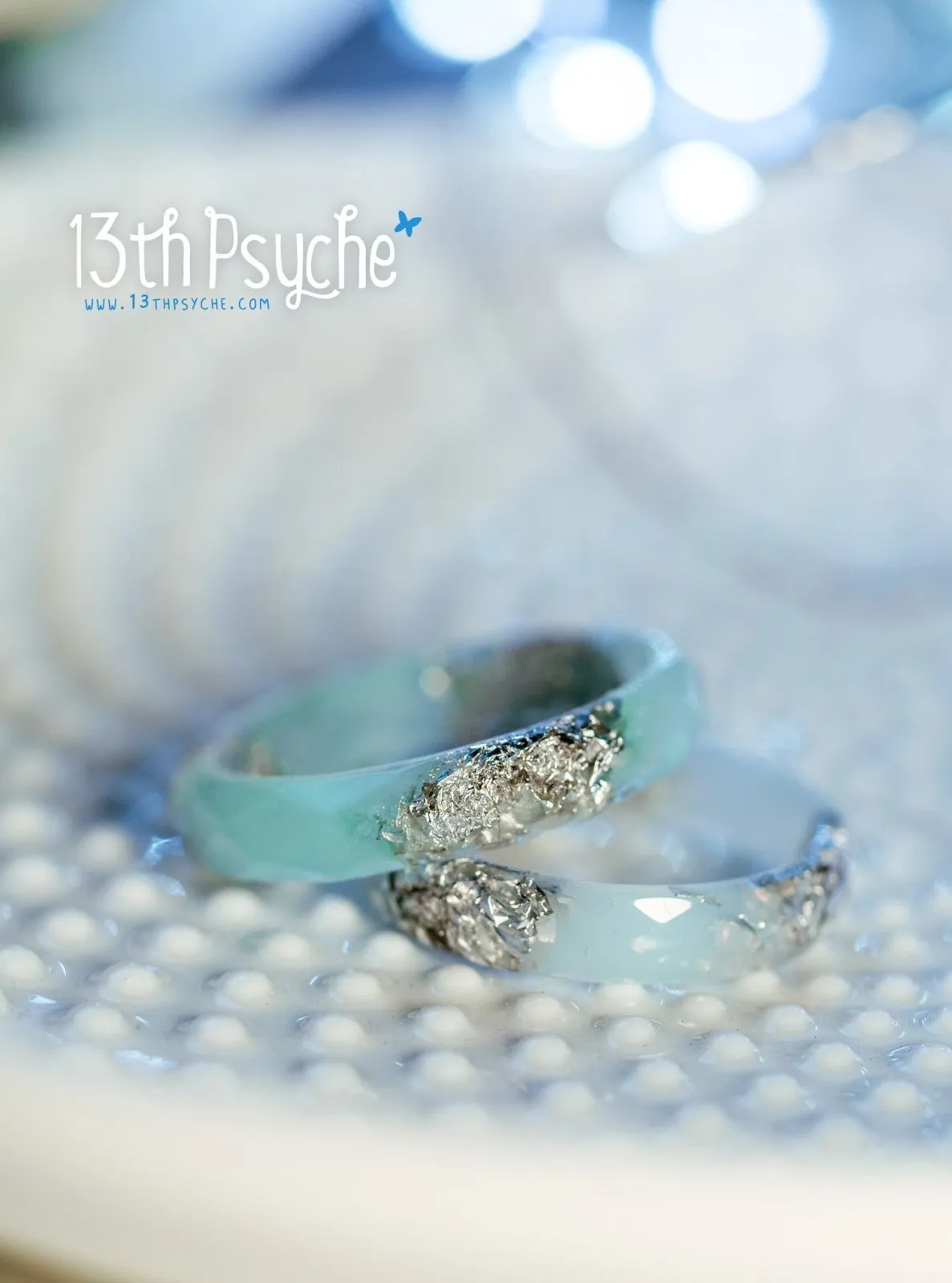 Pastel green mint and silver flakes faceted resin ring