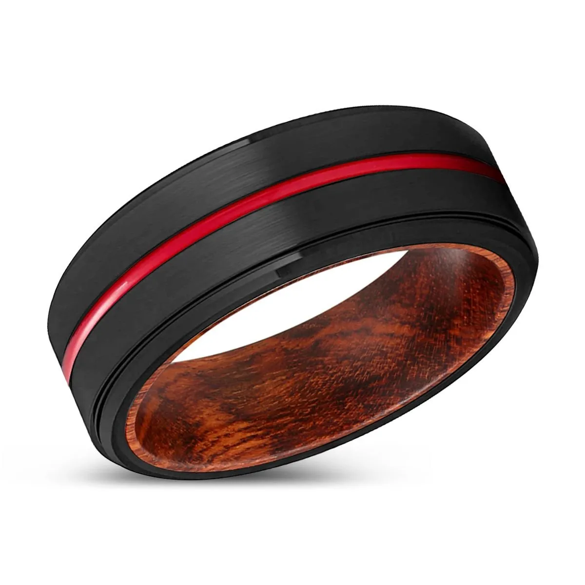 PEANUT | Snake Wood, Black Tungsten Ring, Red Groove, Stepped Edge