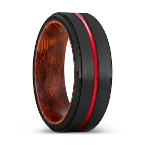 PEANUT | Snake Wood, Black Tungsten Ring, Red Groove, Stepped Edge