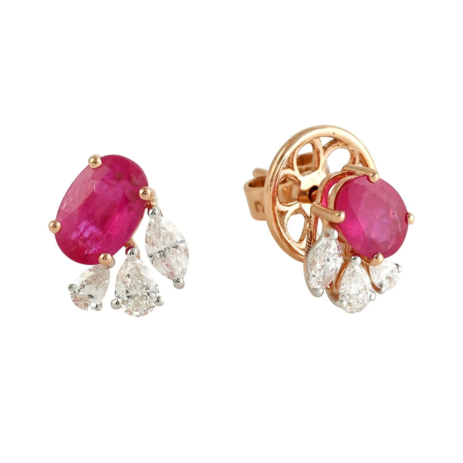 Pear Cut Diamond Oval Ruby Designer Beautiful Stud Earrings 18k Rose Gold