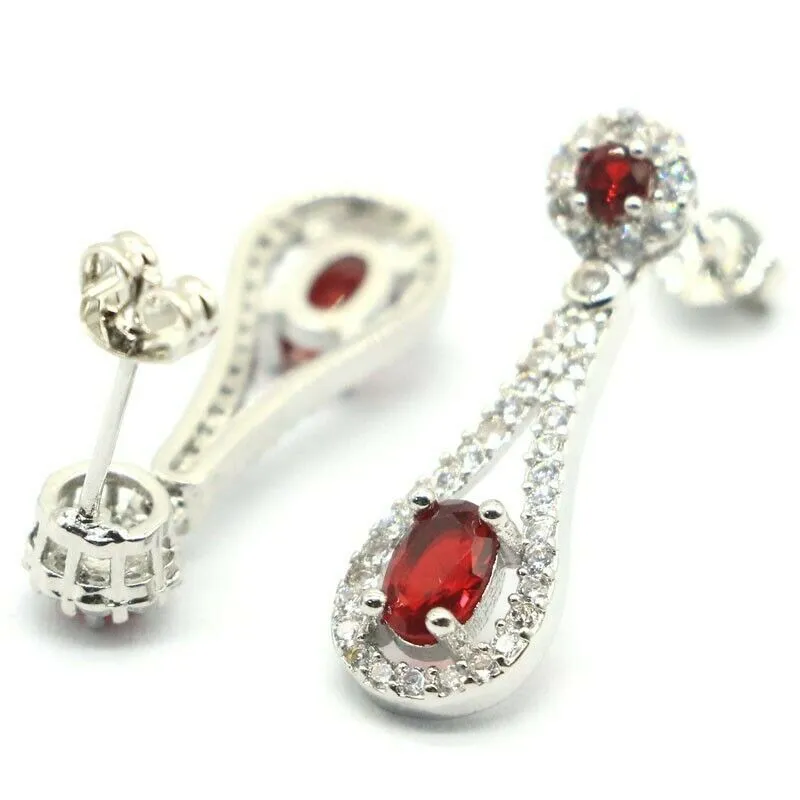 Petite Created Red Ruby Halo Micro Pave Dangle Earrings