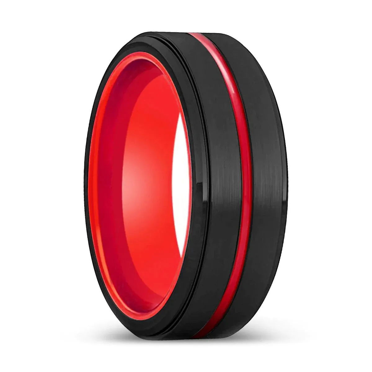 Phoenix Black Tungsten Ring Stepped Edge Red Groove and Inside - 6mm & 8mm