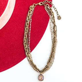 Pink Panache | Four Strand Crystal and Bronze Chain Necklace with Cappuccino Delight Cushion Cut Crystal Drop